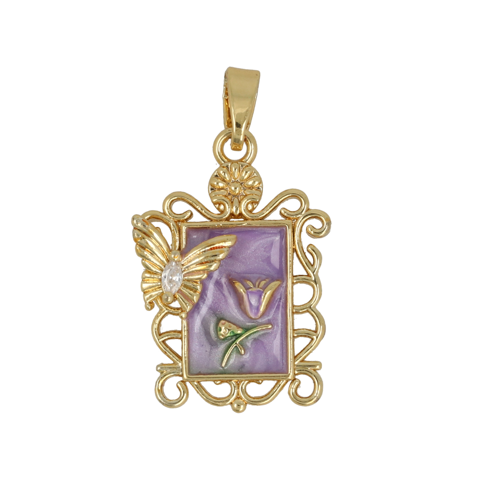 gold plated enameled purple rectangle tag 21x15mm | 1pc