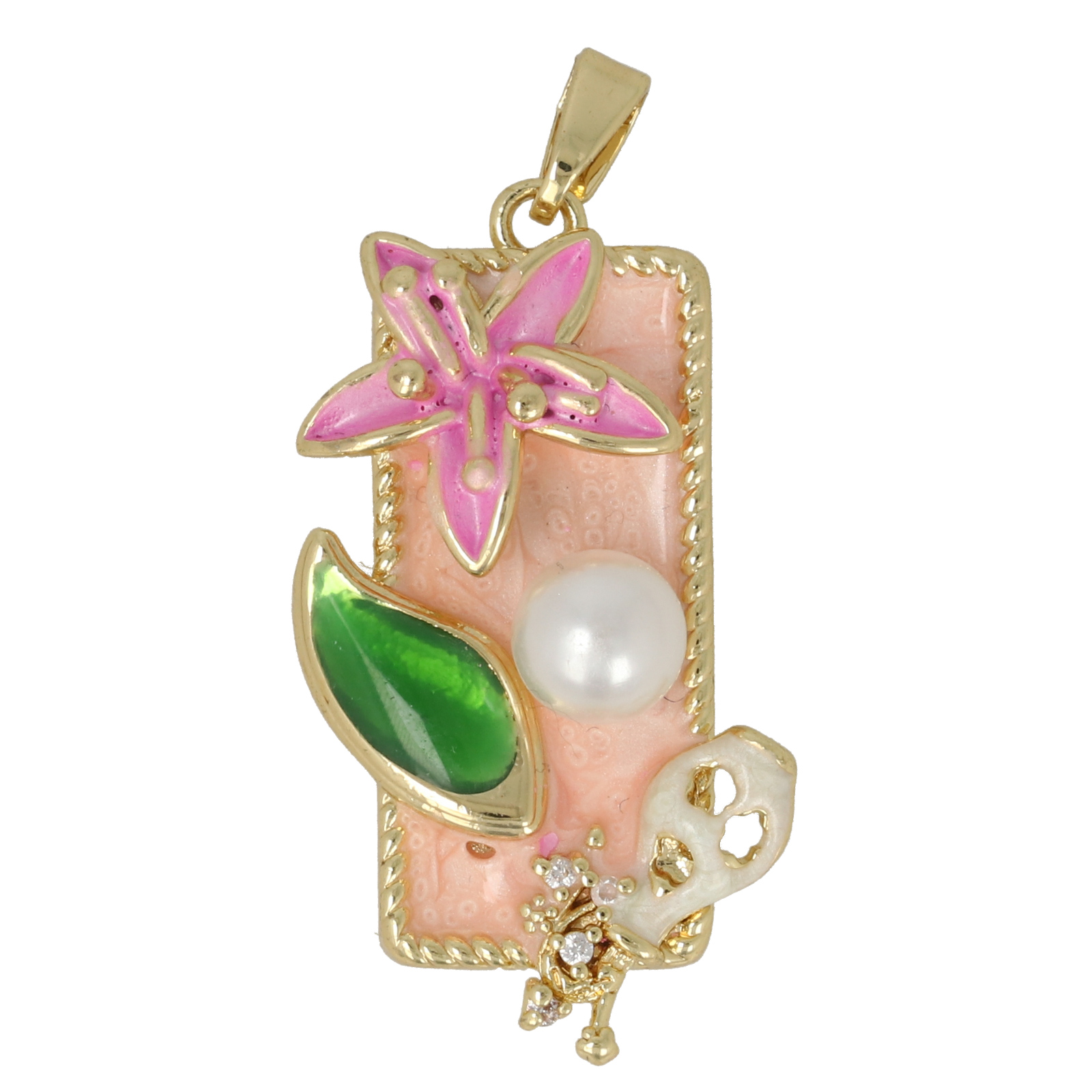 gold plated enameled pink rectangle tag 30x14mm | 1pc
