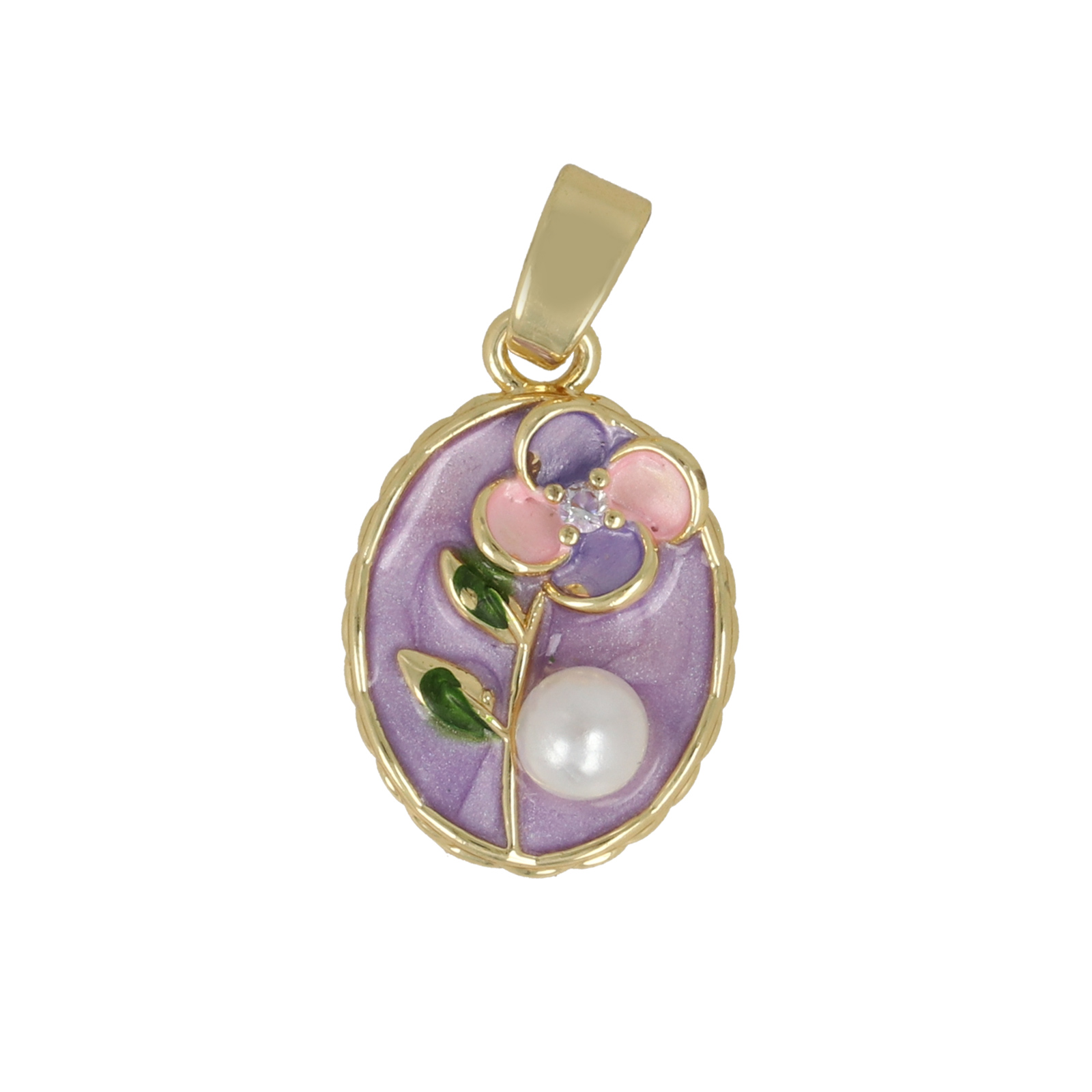 gold plated enameled violet flower oval tag 17x12mm | 1pc