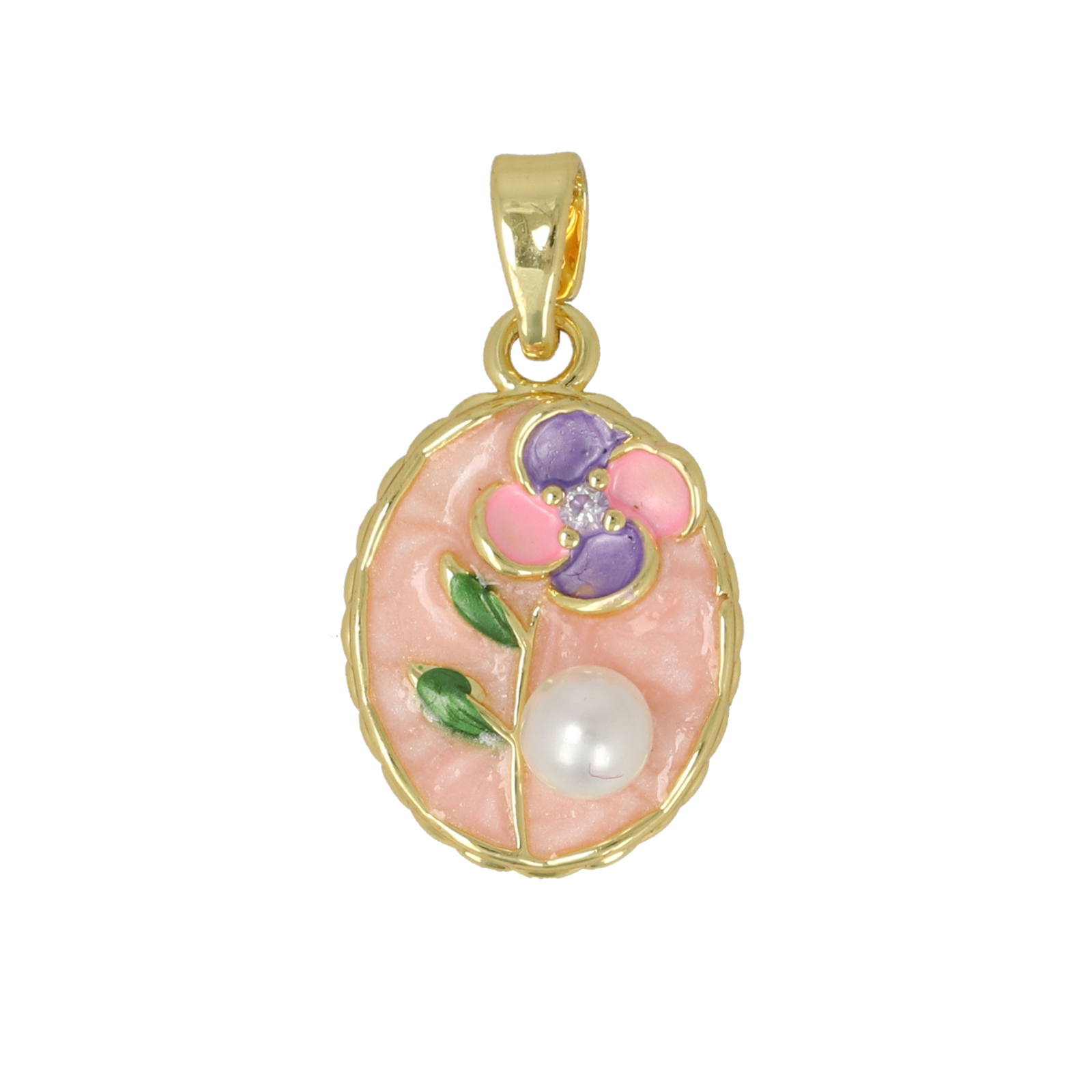 gold plated enameled pink flower oval tag 17x12mm | 1pc