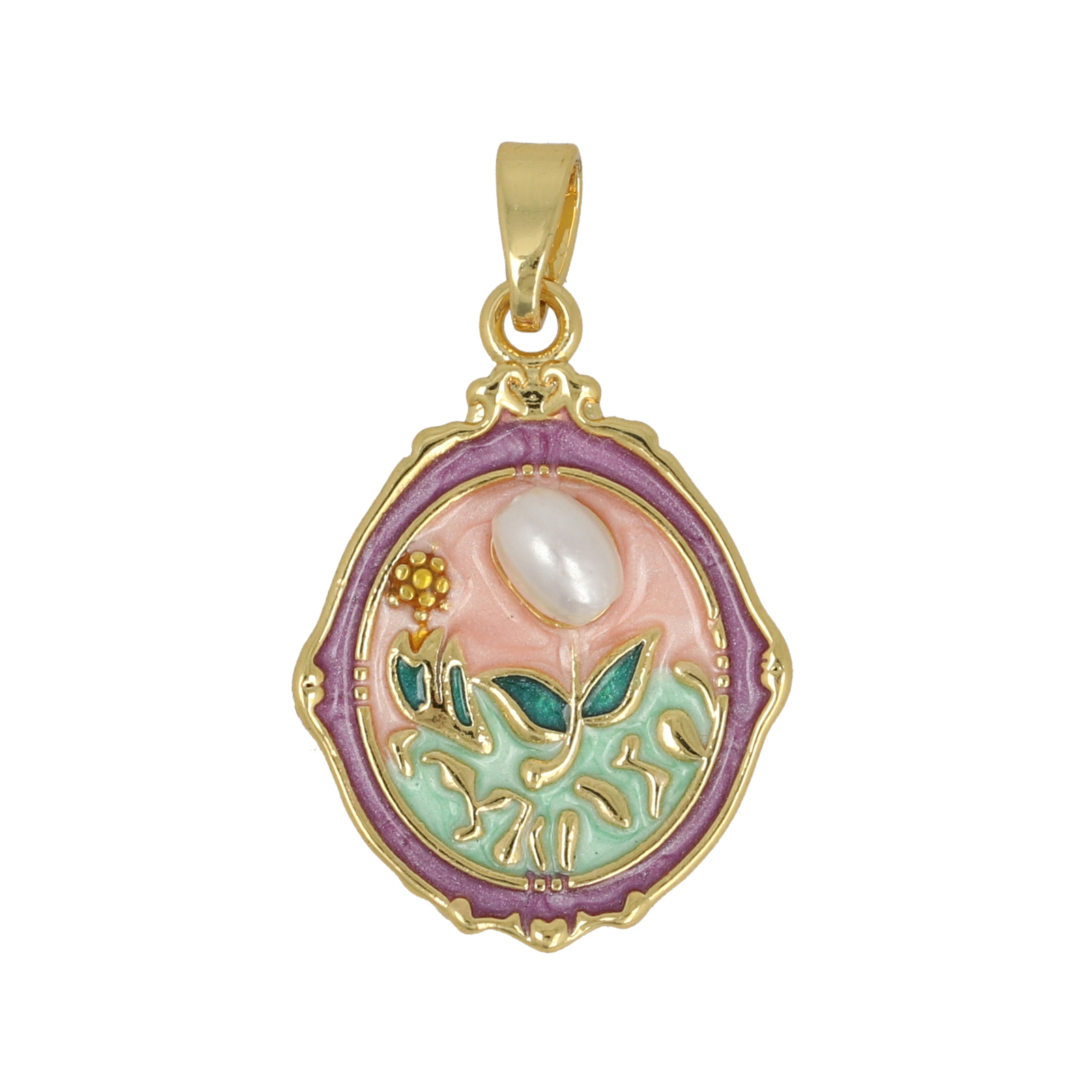 gold plated enameled pink oval tag 22x16mm | 1pc