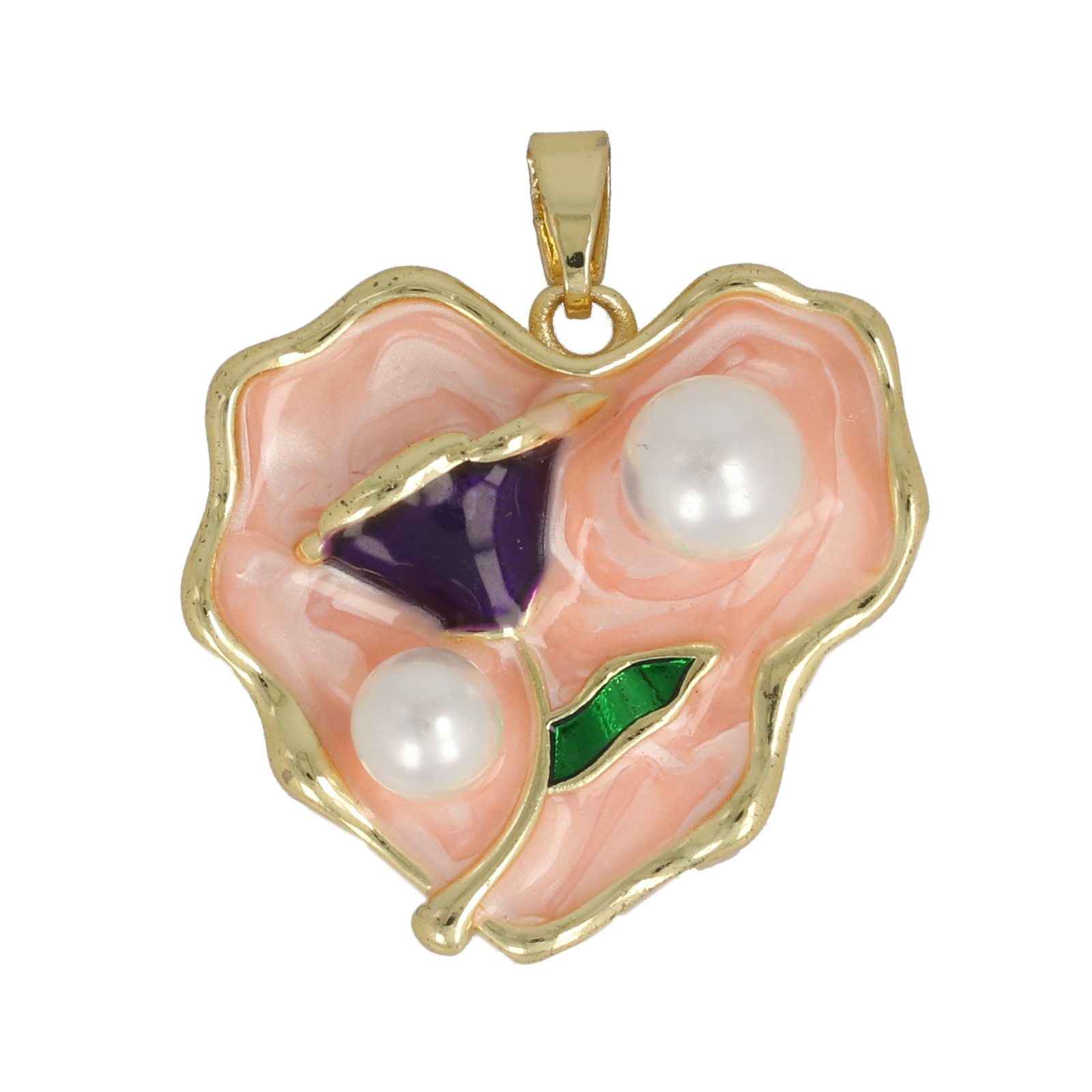 gold plated enameled pink heart tag 24x22mm | 1pc