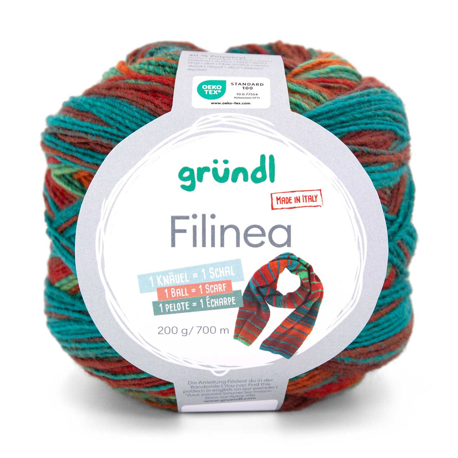 gründl filinea - carmine/fire orange/petrol/sage/turquoise (02) - 200gr (700mt) | 1pc
