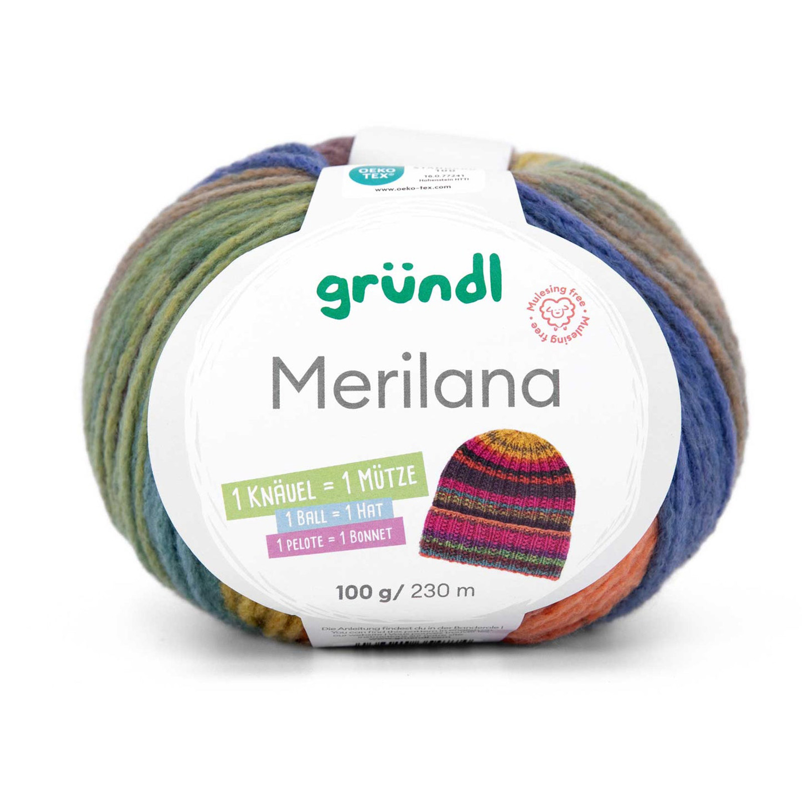 gründl merilana - pumpkin/indigo/ochre/mauve/sea green (03) - 100gr (230mt) | 1pc