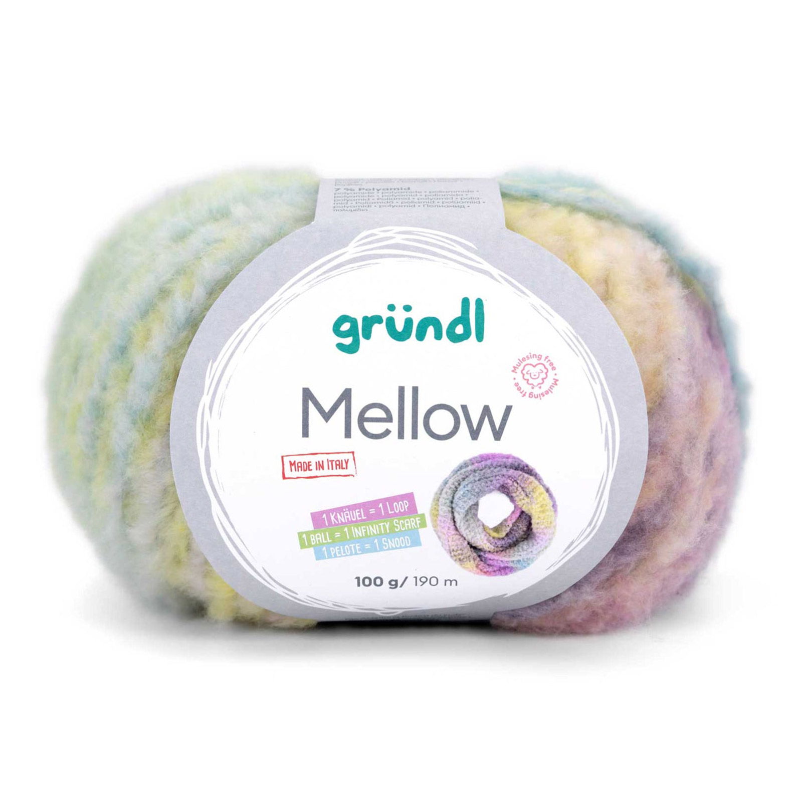 gründl mellow - lemon/lilac/pink/violet/aqua/pastel green (01) - 100gr (190mt) | 1pc