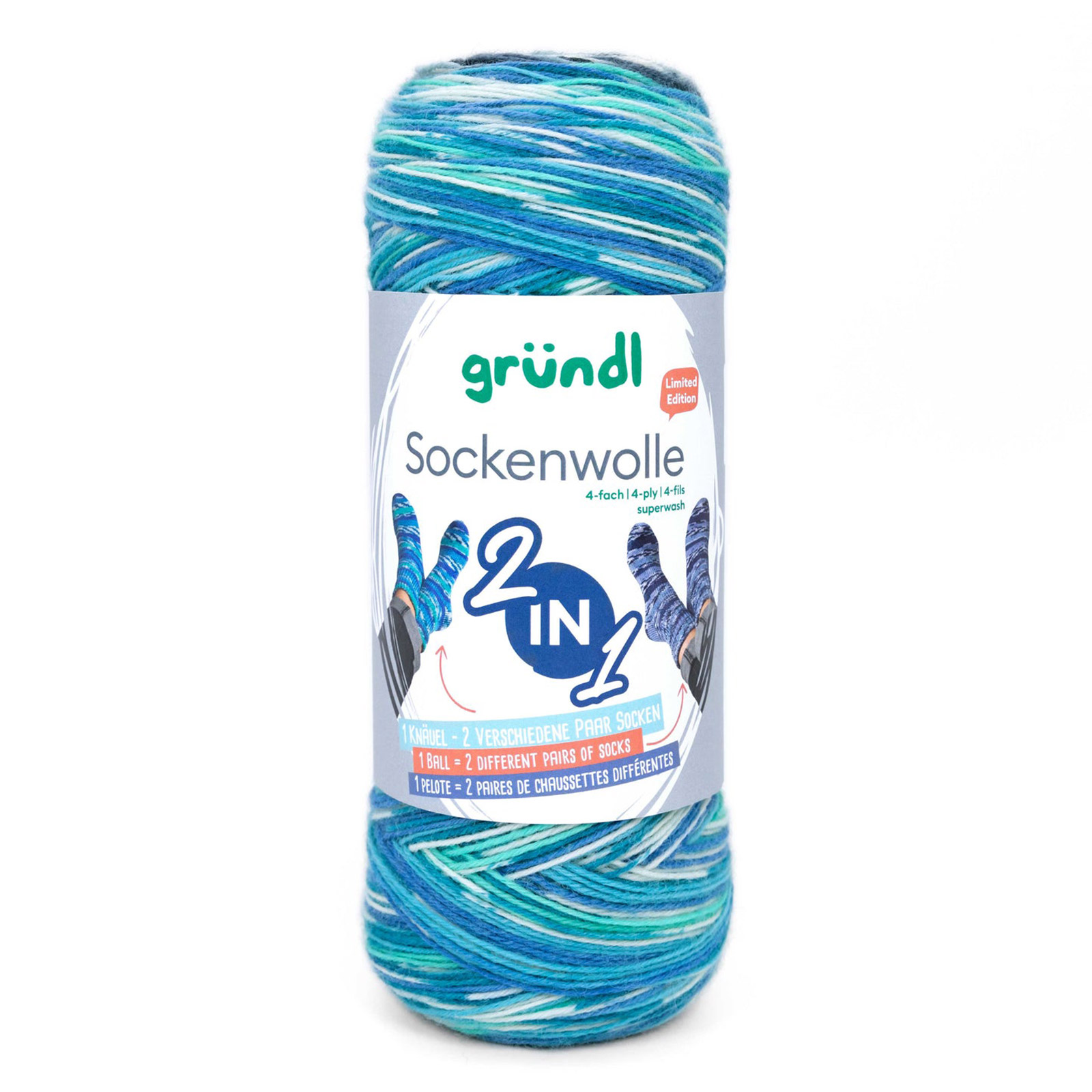gründl sockenwolle 2in1 - turquoise/ocean/cream + jeans/sky/cream (01) - 200gr (840mt) | 1pc
