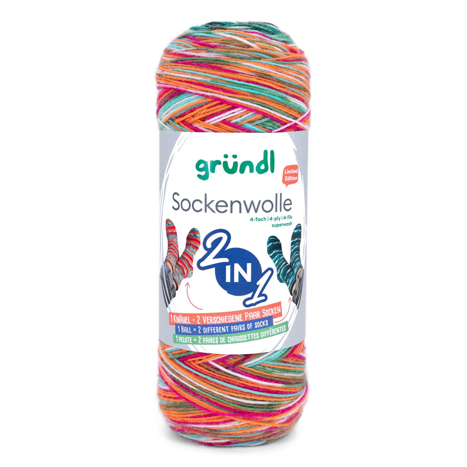gründl sockenwolle 2in1 - pumpkin/red/petrol/cream + fir/petrol/cream (02) - 200gr (840mt) | 1pc