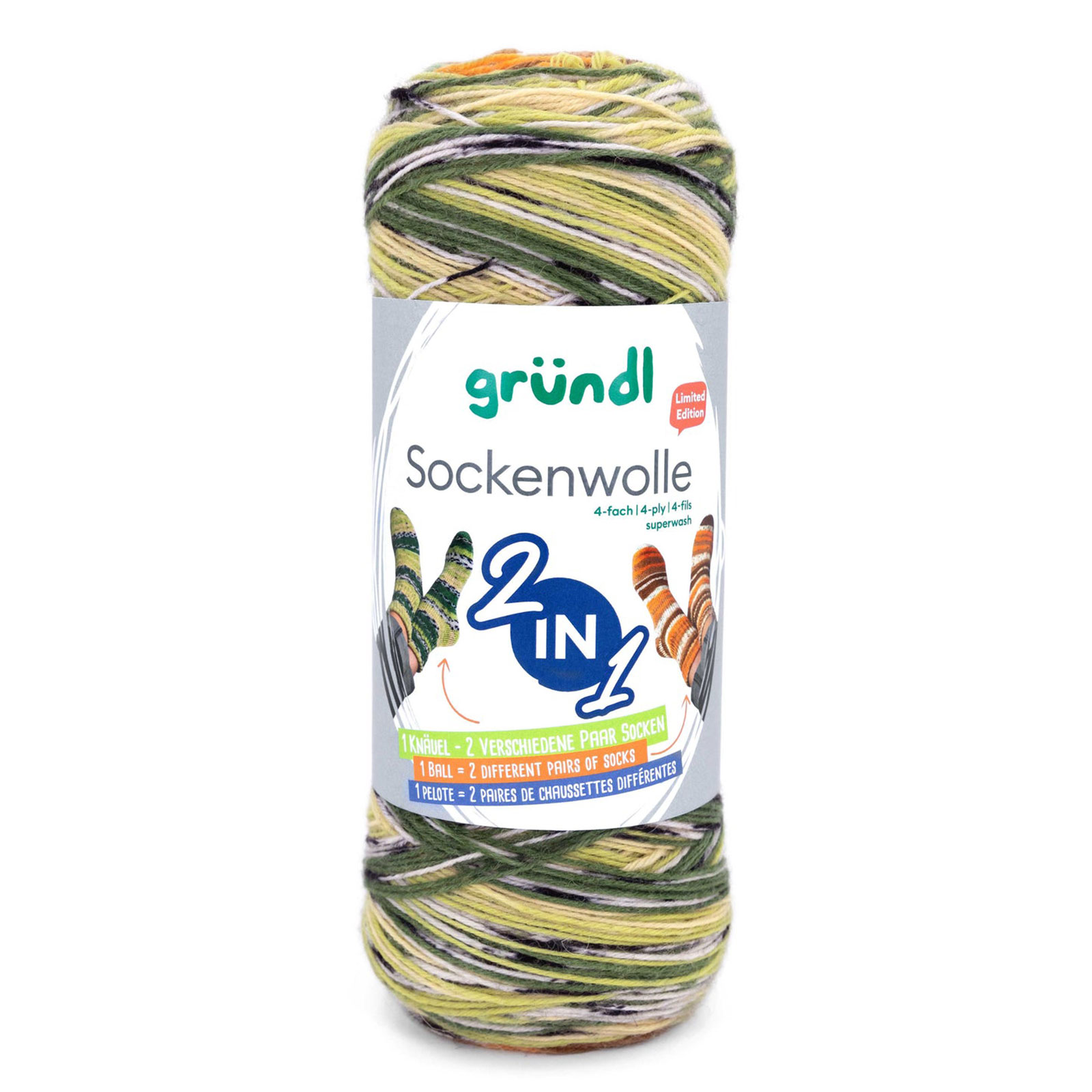 gründl sockenwolle 2in1 - orange/camel/cream + moss/kiwi/cream/black (03) - 200gr (840mt) | 1pc