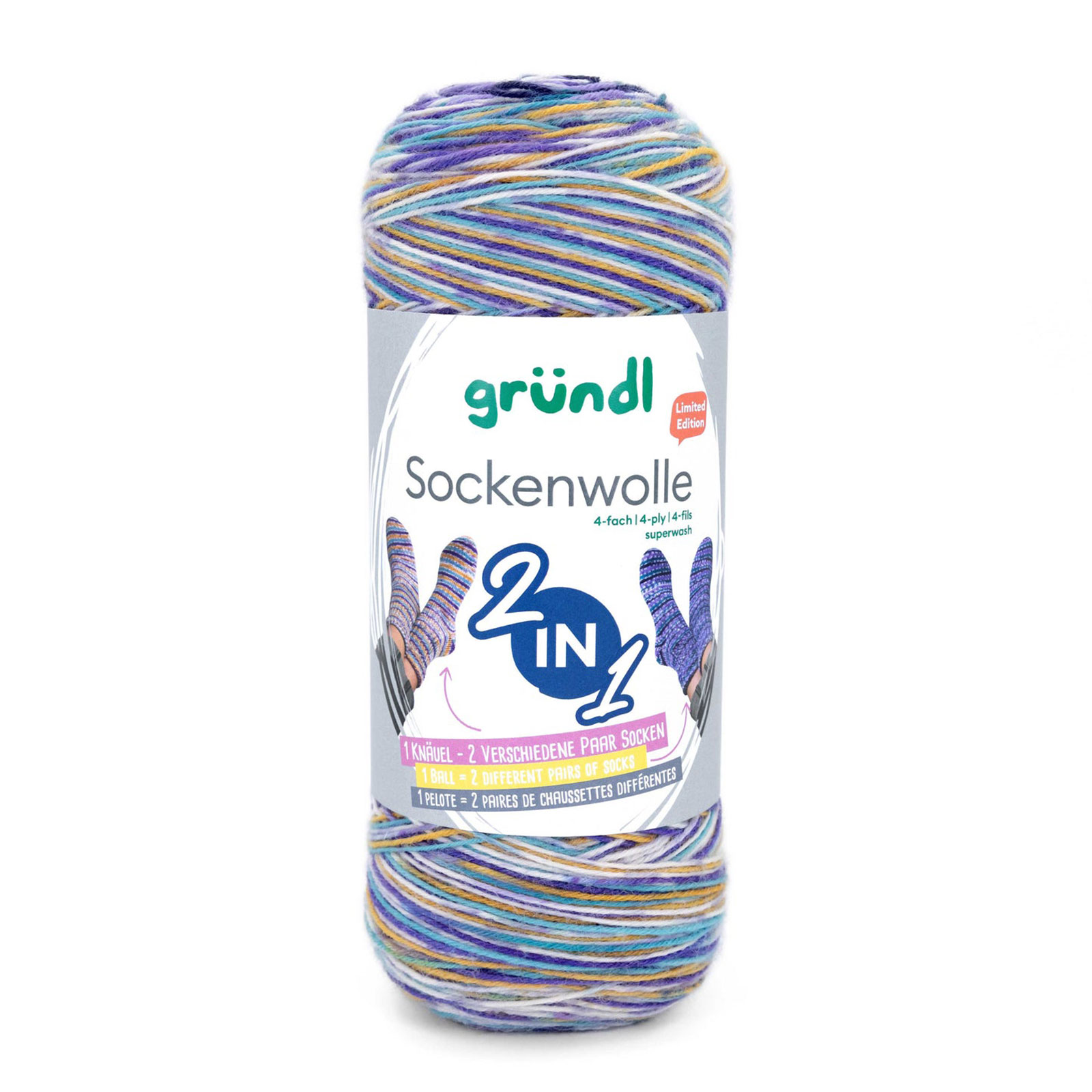 gründl sockenwolle 2in1 - purple/mustard/jade/cream + lilac/teal/plum/cream (04) - 200gr (840mt) | 1pc