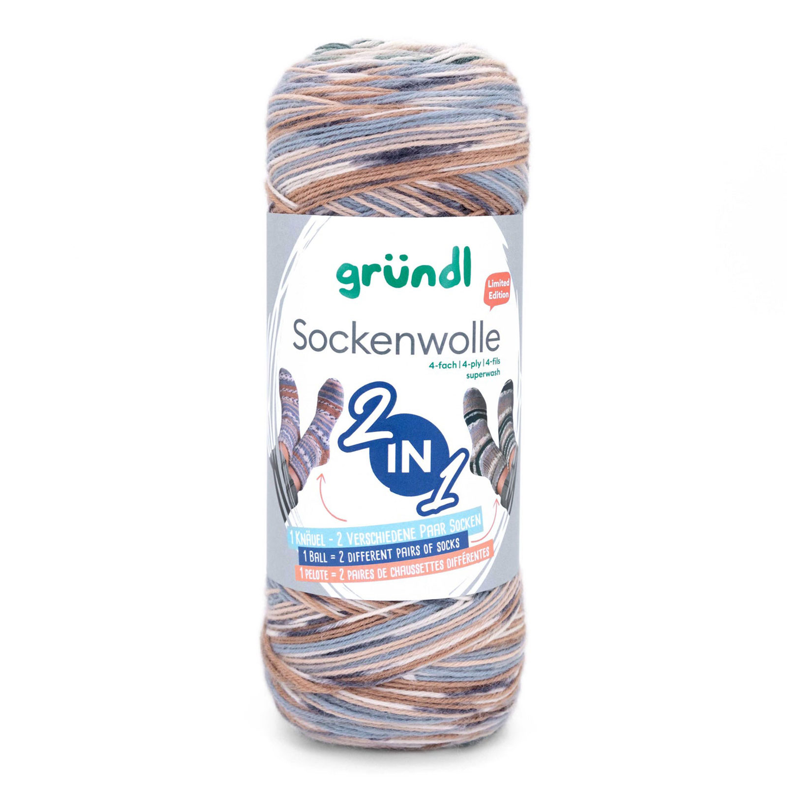 gründl sockenwolle 2in1 - nougat/taupe/cream/grey + fir/beige/taupe/cream (05) - 200gr (840mt) | 1pc