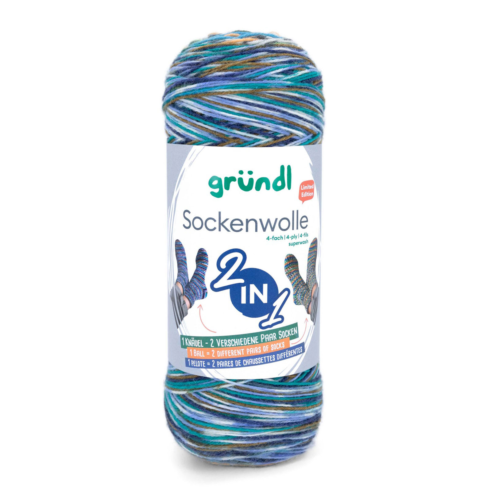 gründl sockenwolle 2in1 - purple/petrol/clay/cream + apple/salmon/turquoise (06) - 200gr (840mt) | 1pc