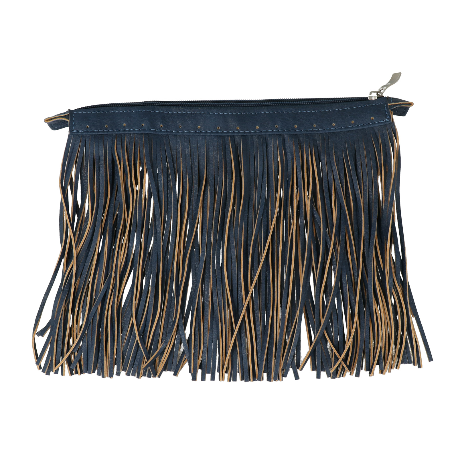 pu-leather zipper for bag 28x5cm with fringes 18cm - blue/silver | 1pc