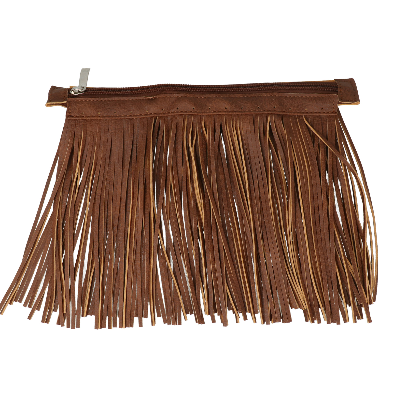 pu-leather zipper for bag 28x5cm with fringes 18cm - brown/silver | 1pc