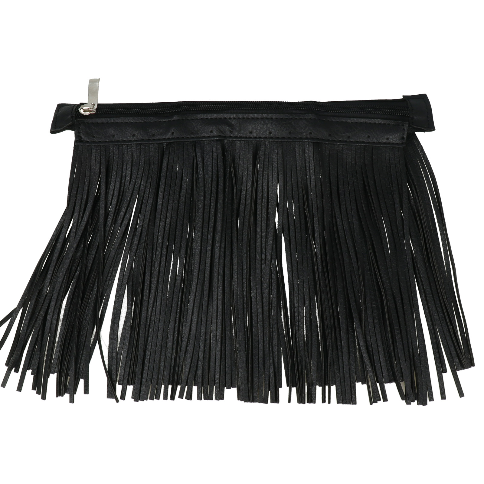 pu-leather zipper for bag 28x5cm with fringes 18cm - black/silver | 1pc