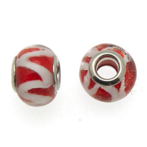 glasperlen red and white line großlochperle 14x10mm | 2st