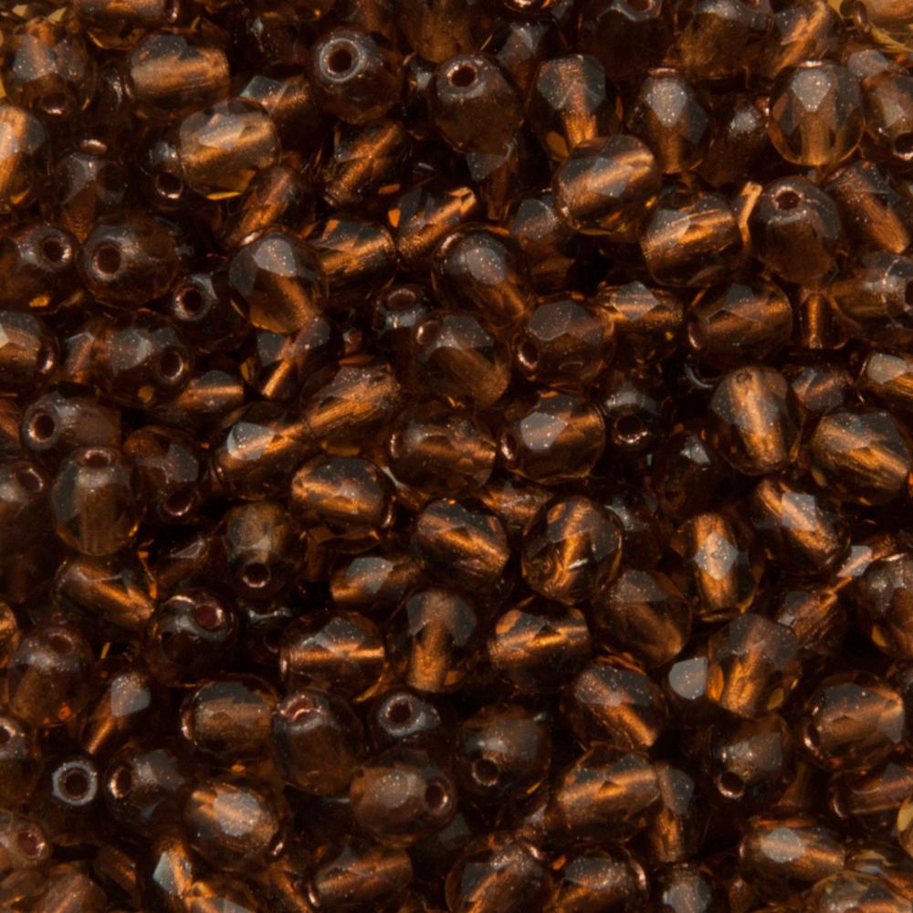 czech fire-polished round beads - copper lined dark topaz 4mm | 50pc