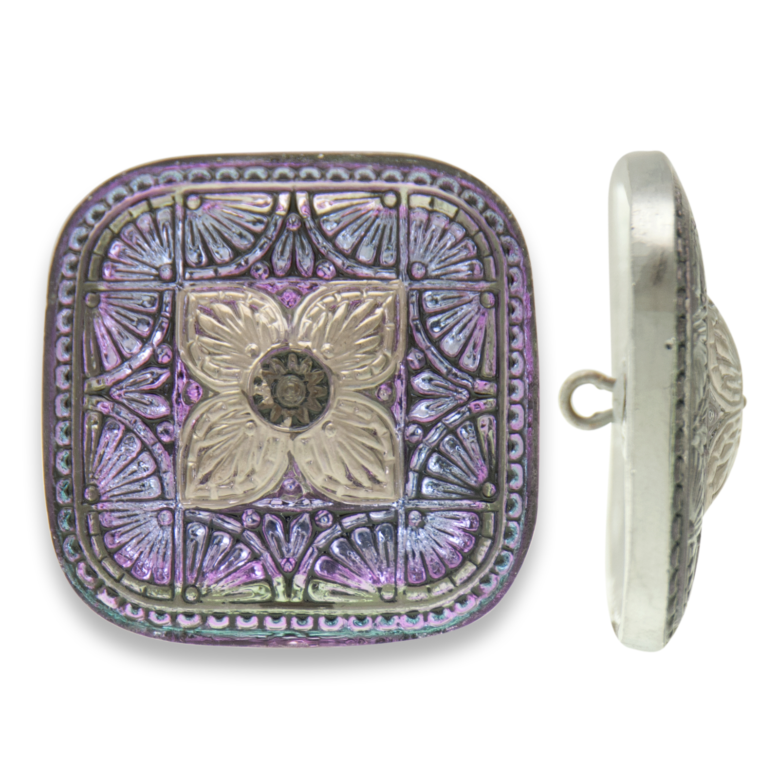 bohemian collection button - magic line green/purple quilt - quadrato 40,5mm | 1pc