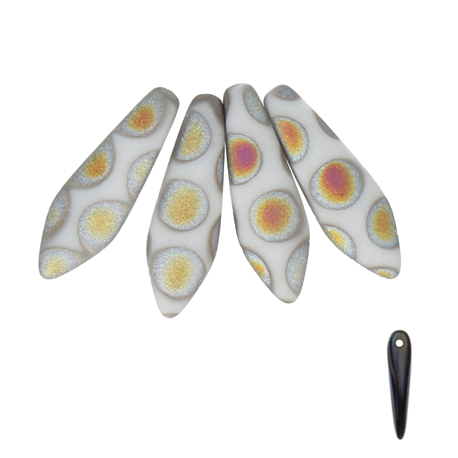 czech glass dagger beads - matte white marea dots - 16x5mm | 25pc