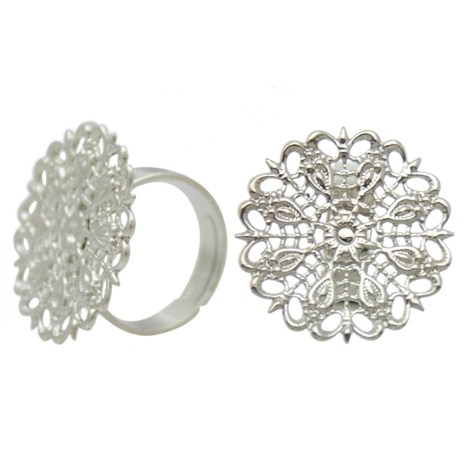 adjustable rhodium silver plated base ring with filigree 25mm | 1pc