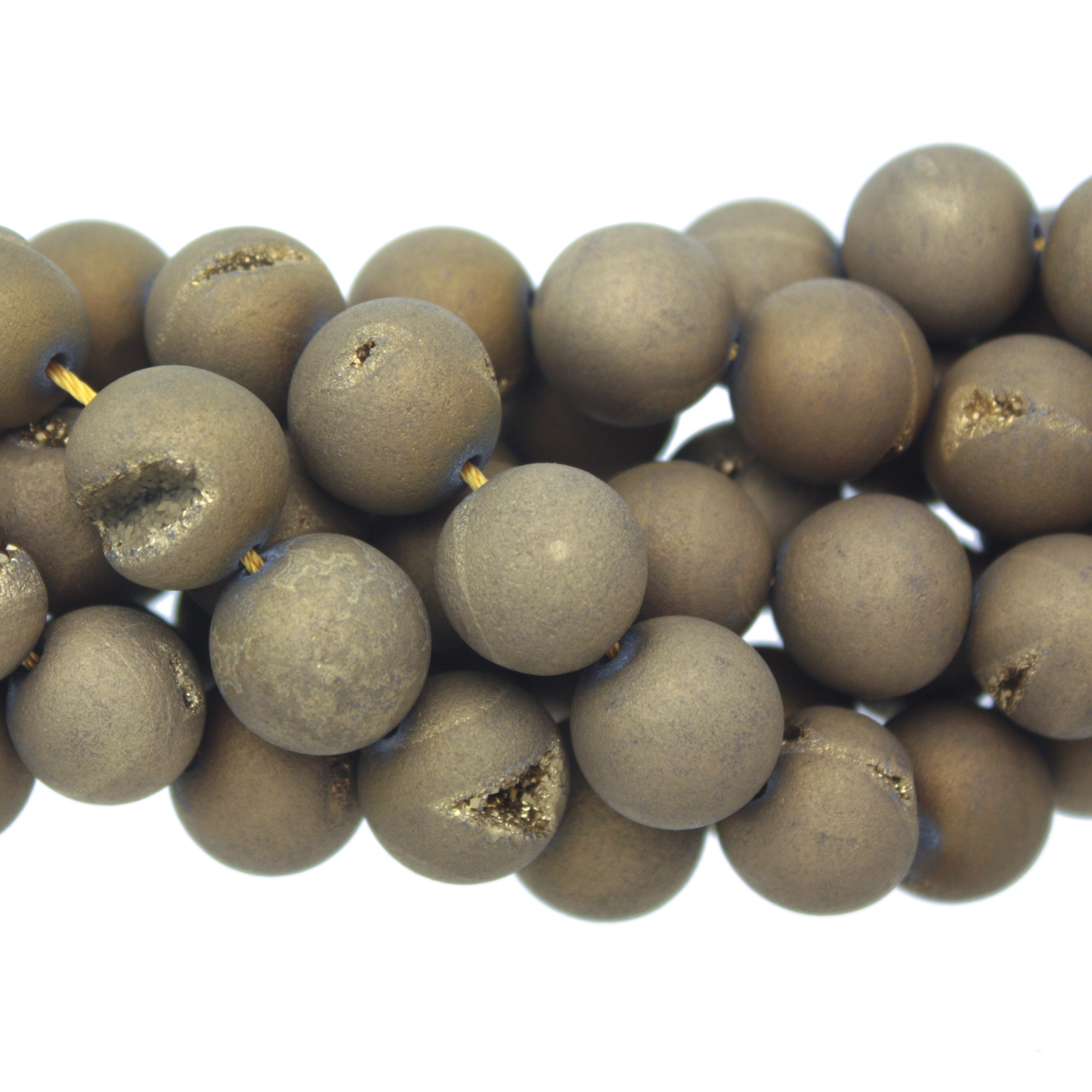 druzy agate plated gold smooth round 14mm | 16-inch strand