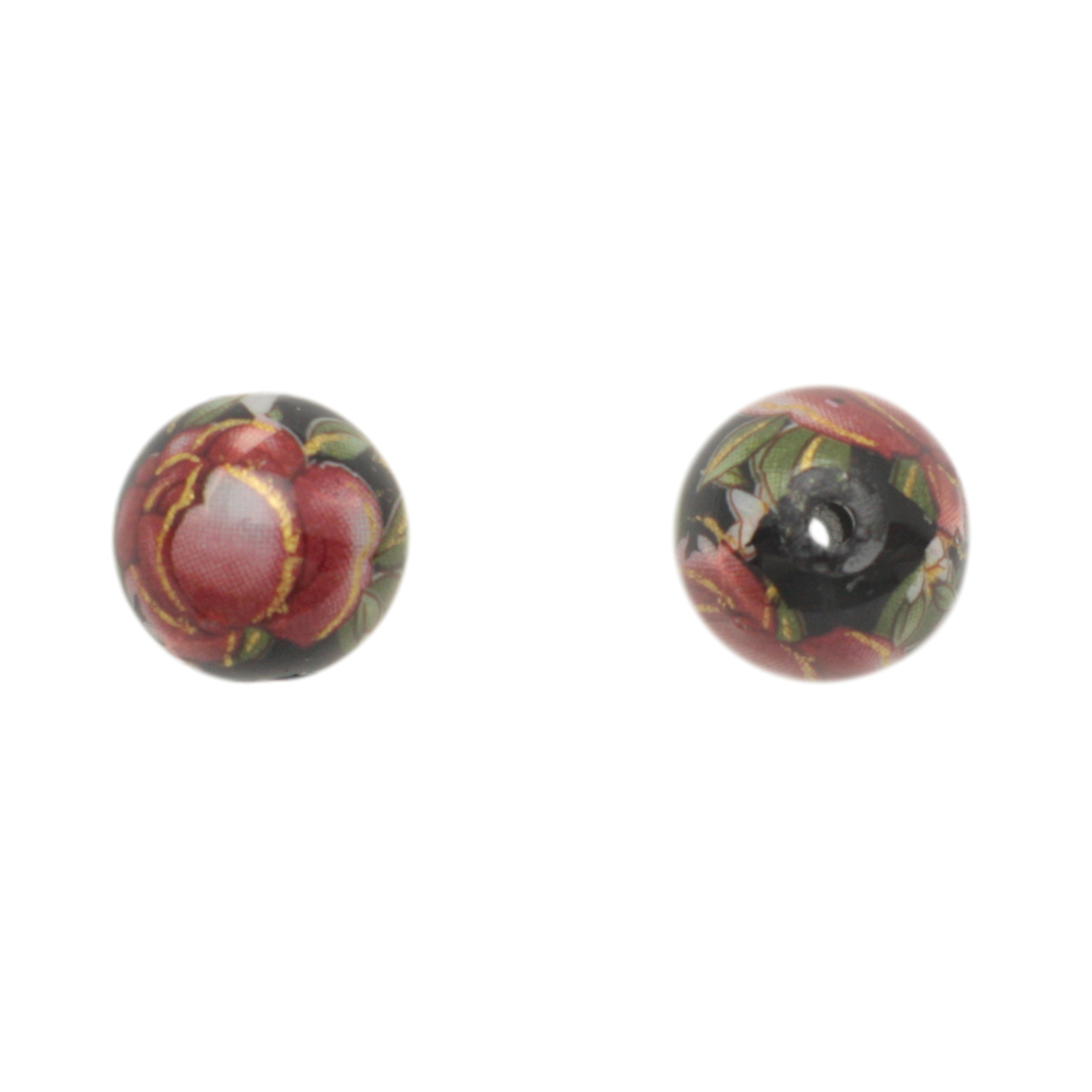 opaque black/antique pink decal tensha beads round 10mm | 1pc