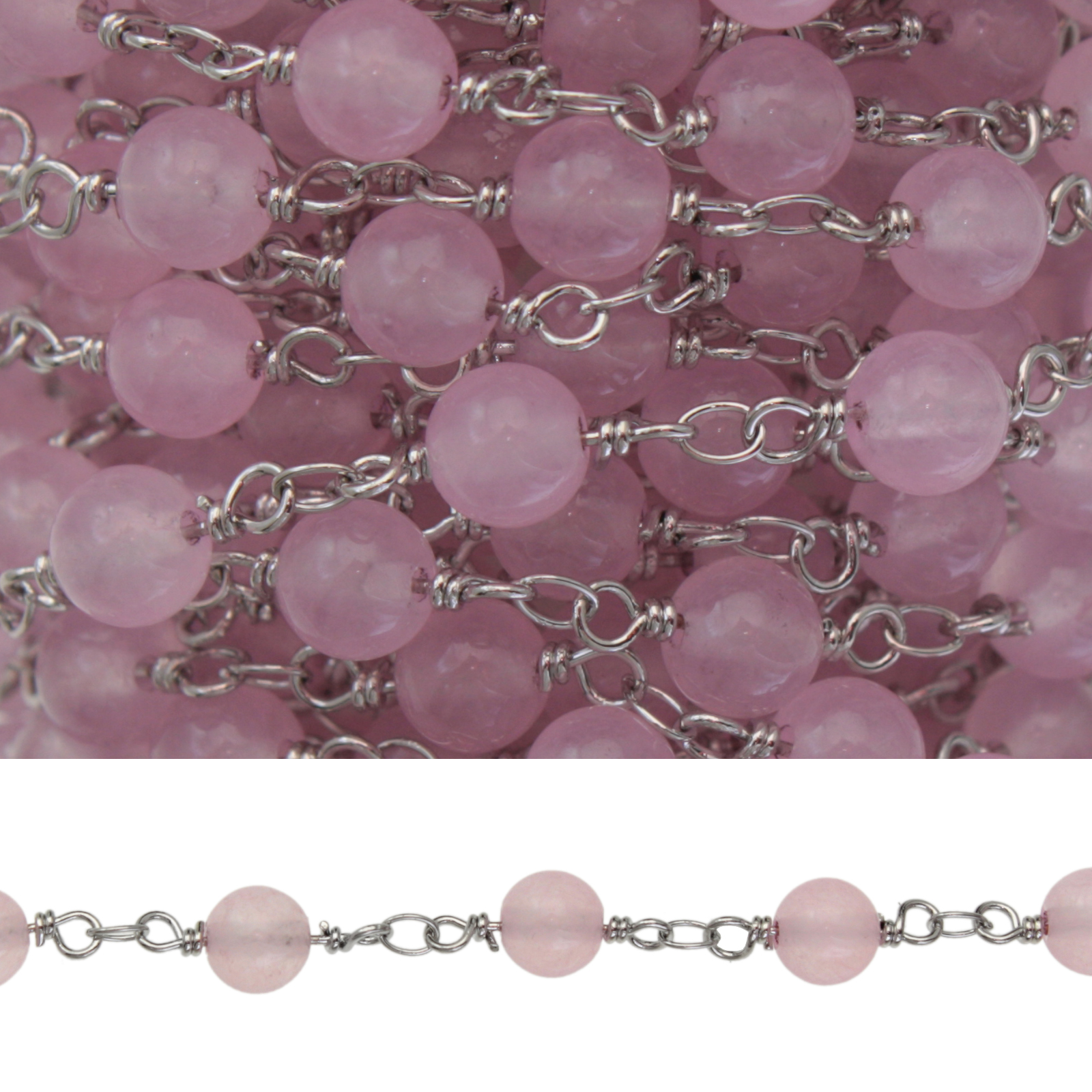 rosary chain rhodium silver plated pink dyed jade smooth round 6mm | 50cm