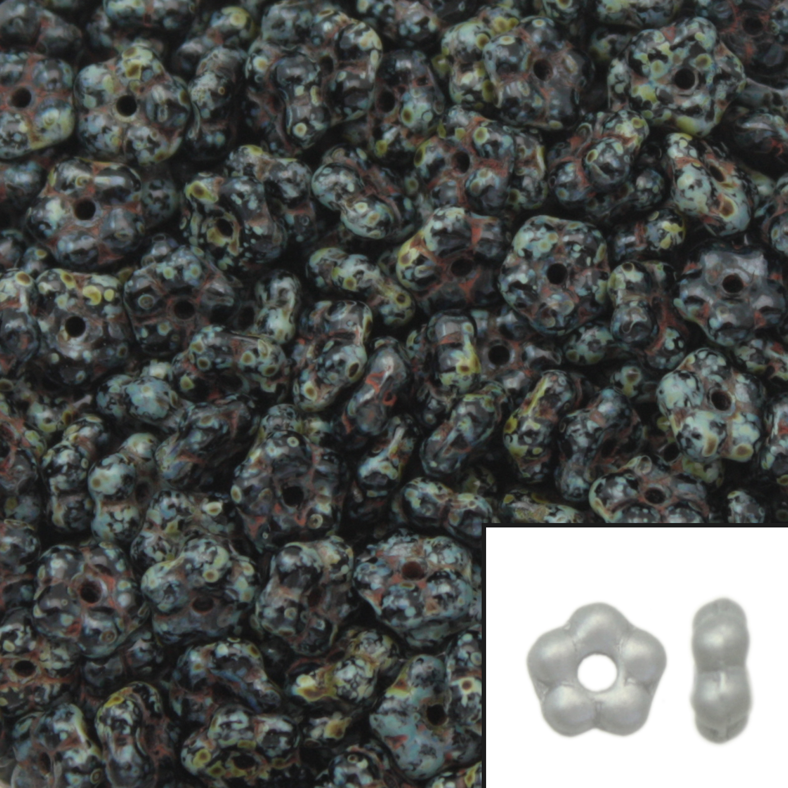 czech glass forget-me-not beads jet dark travertin 5mm | 50pc