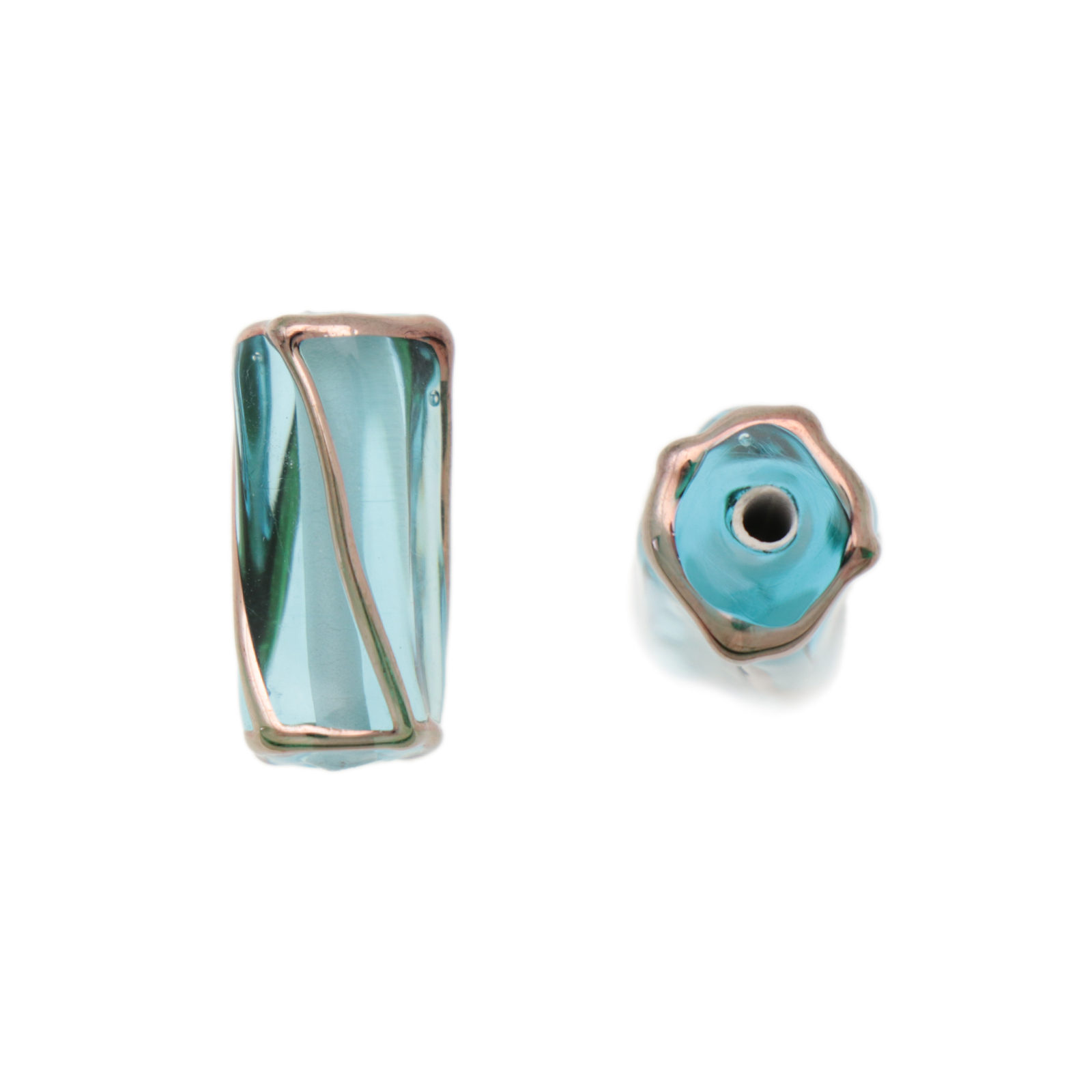 czech lampwork rose gold stripped aquamarine tube 18x8mm | 1pc