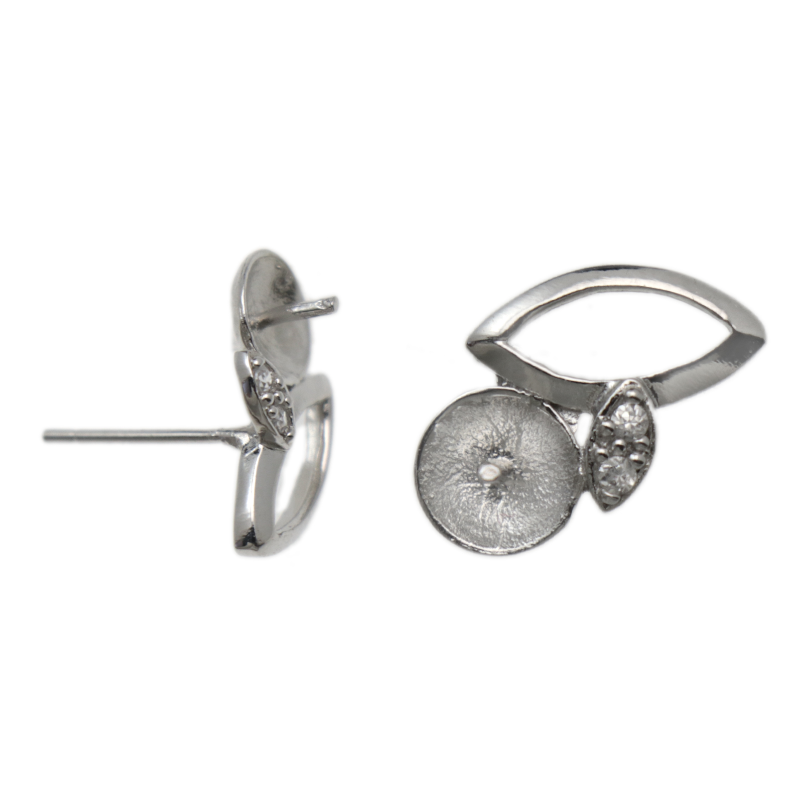 rhodium sterling silver half-drilled post earrings with cubic zirconia 15x8mm | 2pc