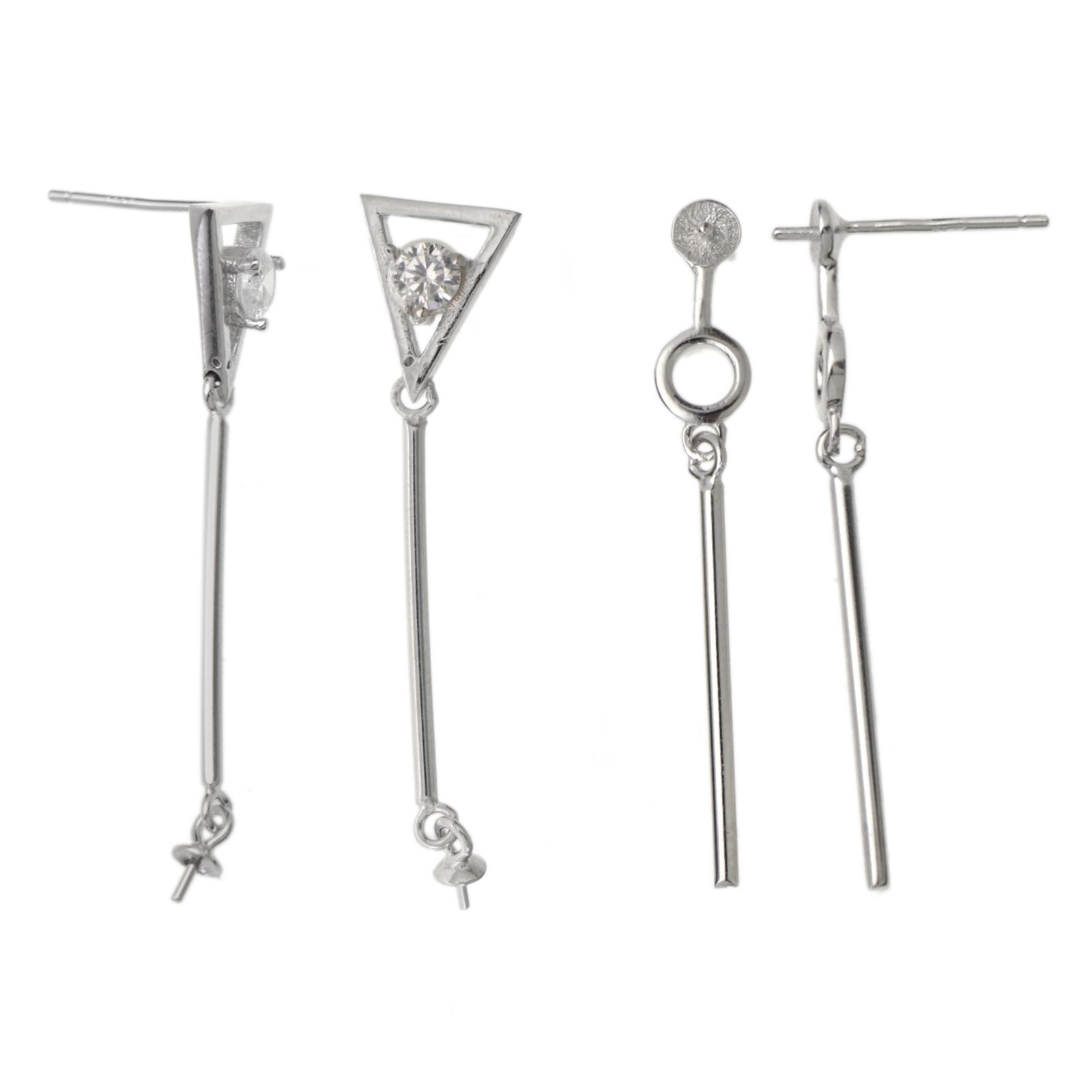 rhodium sterling silver half-drilled post earrings with cubic zirconia 35mm | 2pc