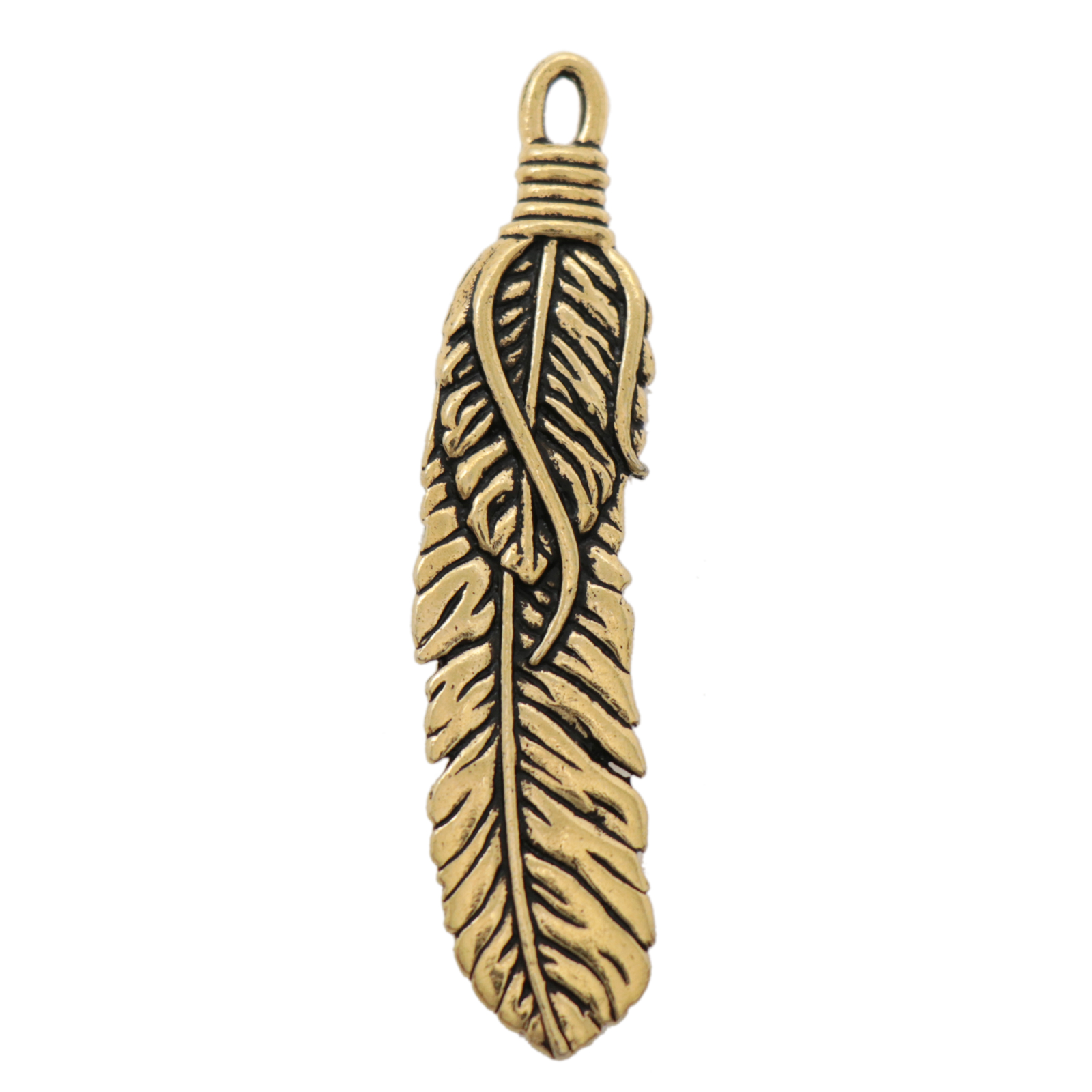 antique gold plated feather pendant 48x11mm | 1pc