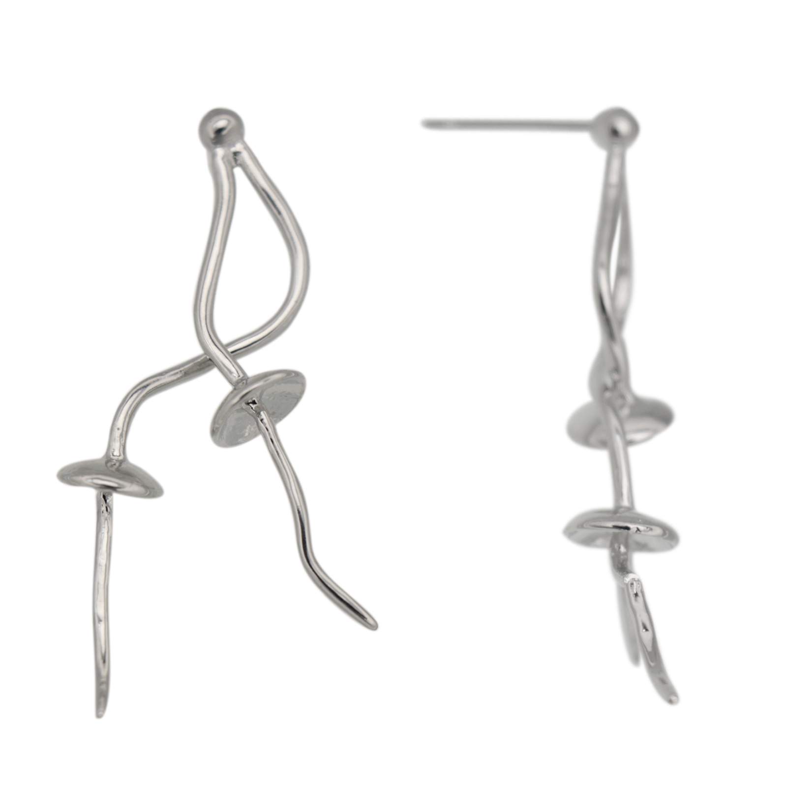 rhodium silver plated two pearl branch post earring 50mm | 2pc