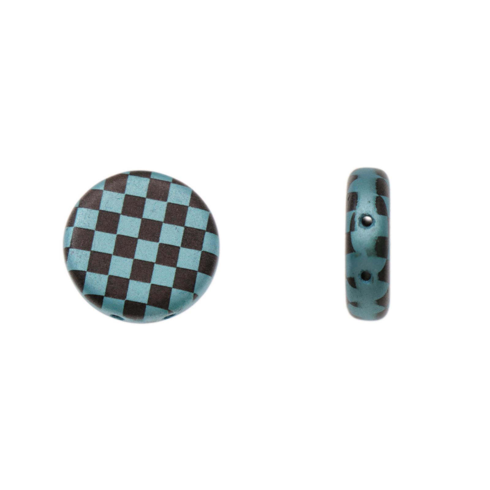 2 hole coin glass beads turquoise laser checkered 14mm | 4pc