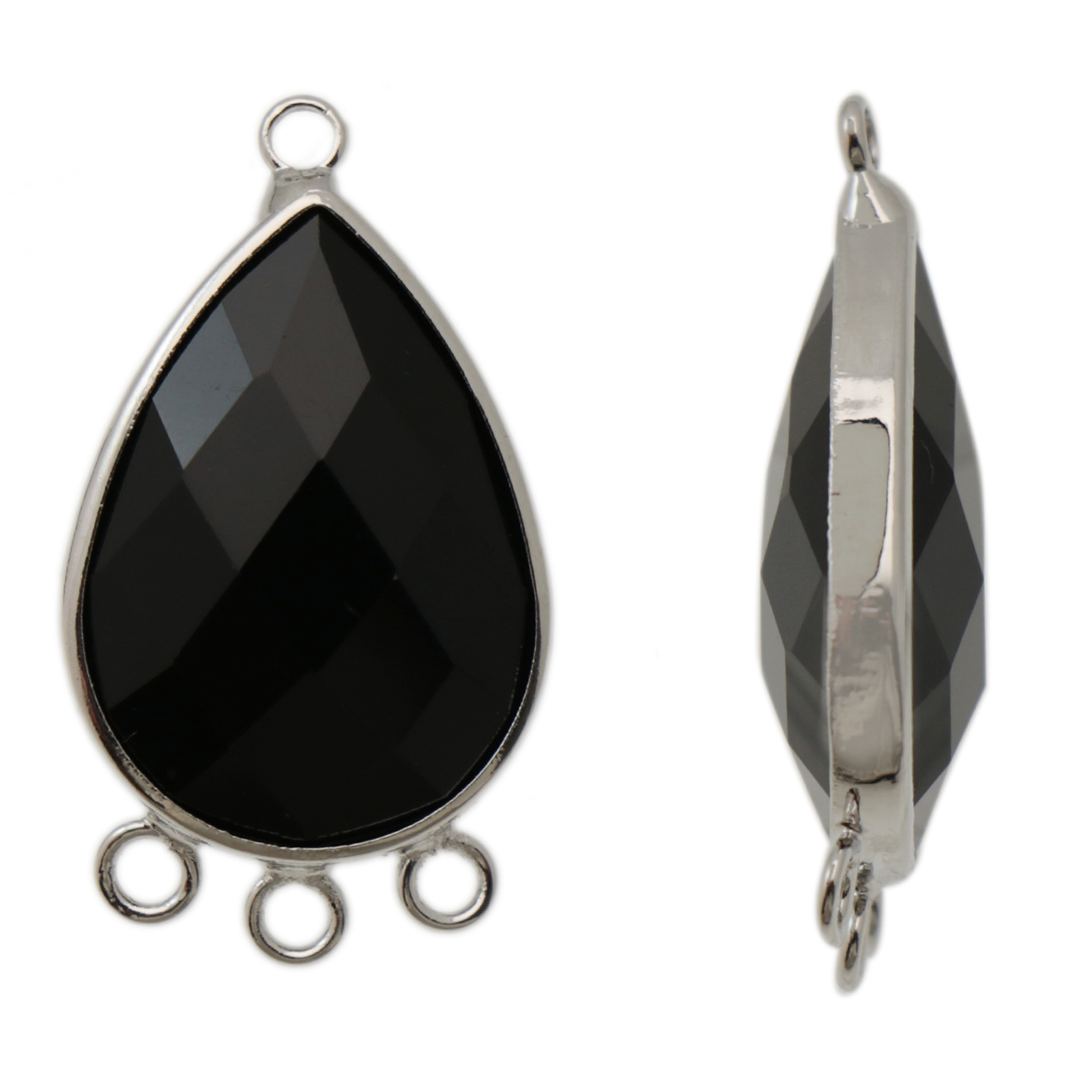 rhodium silver plated crystal link jet 3 loops drop 25x18mm | 1pc