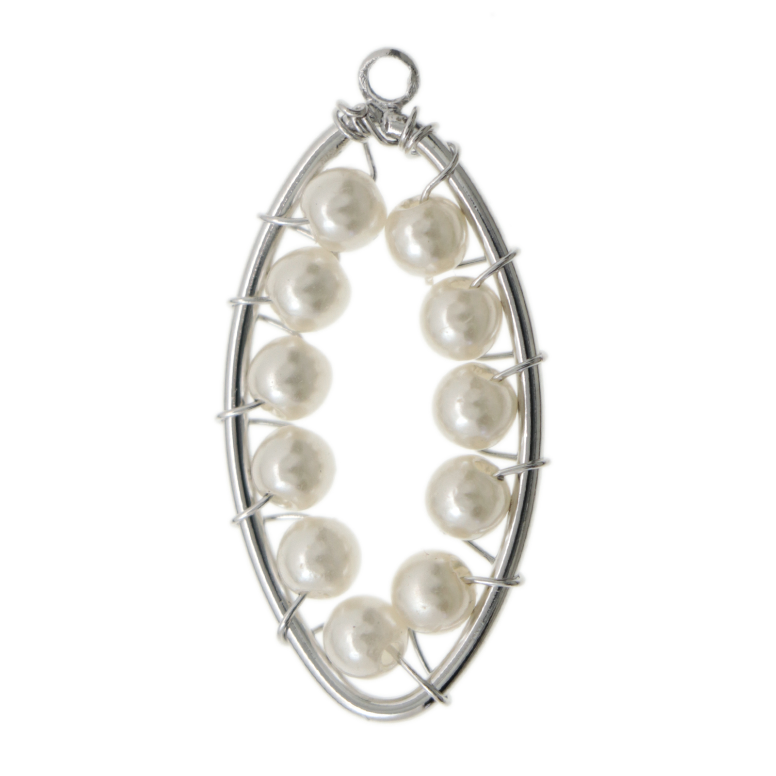 elegant line pendant - rhodium silver plated marquise 28x15mm with white synthetic pearl 4mm | 1pc