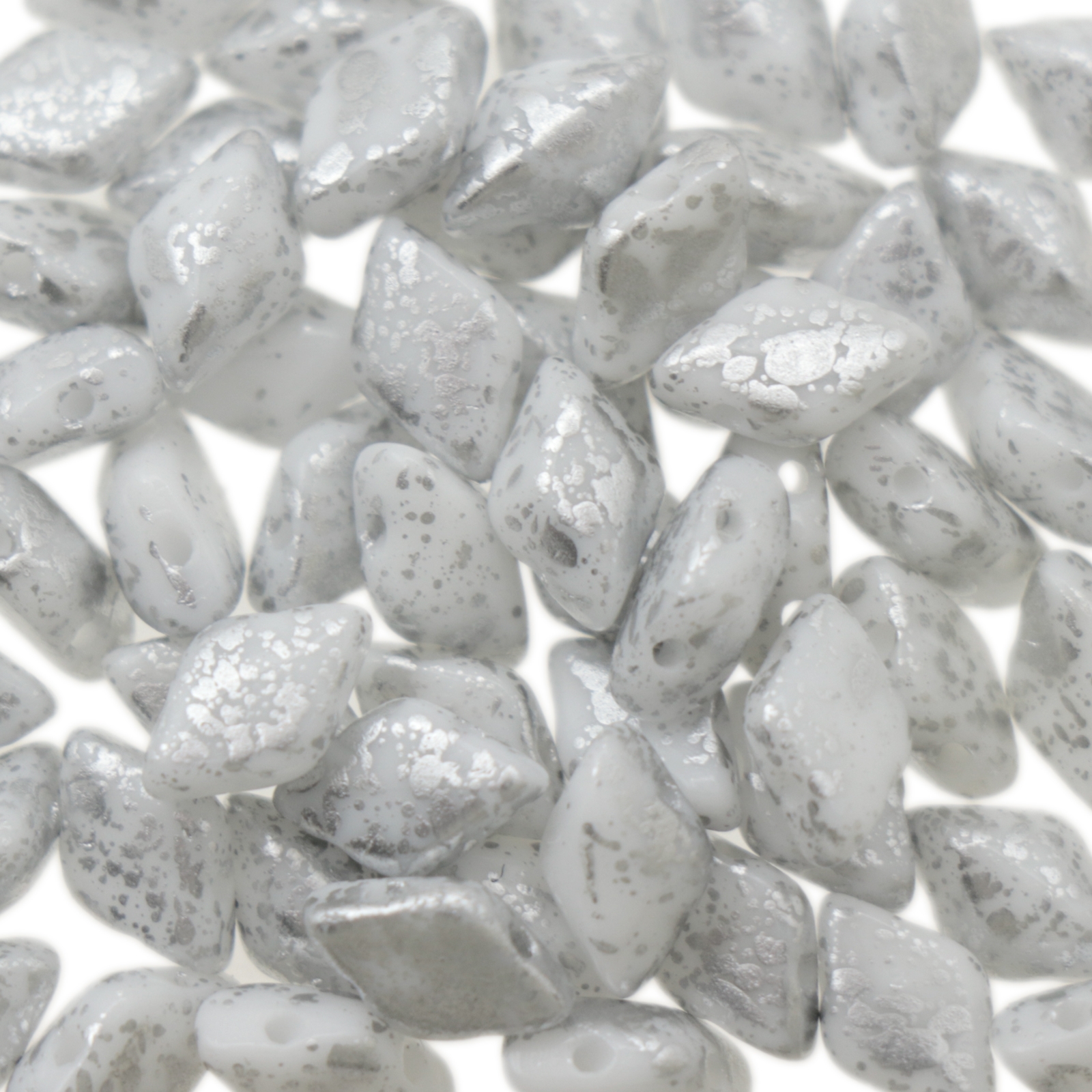 czech glass gemduo beads - opaque white silver splash 8x5mm | 10gr