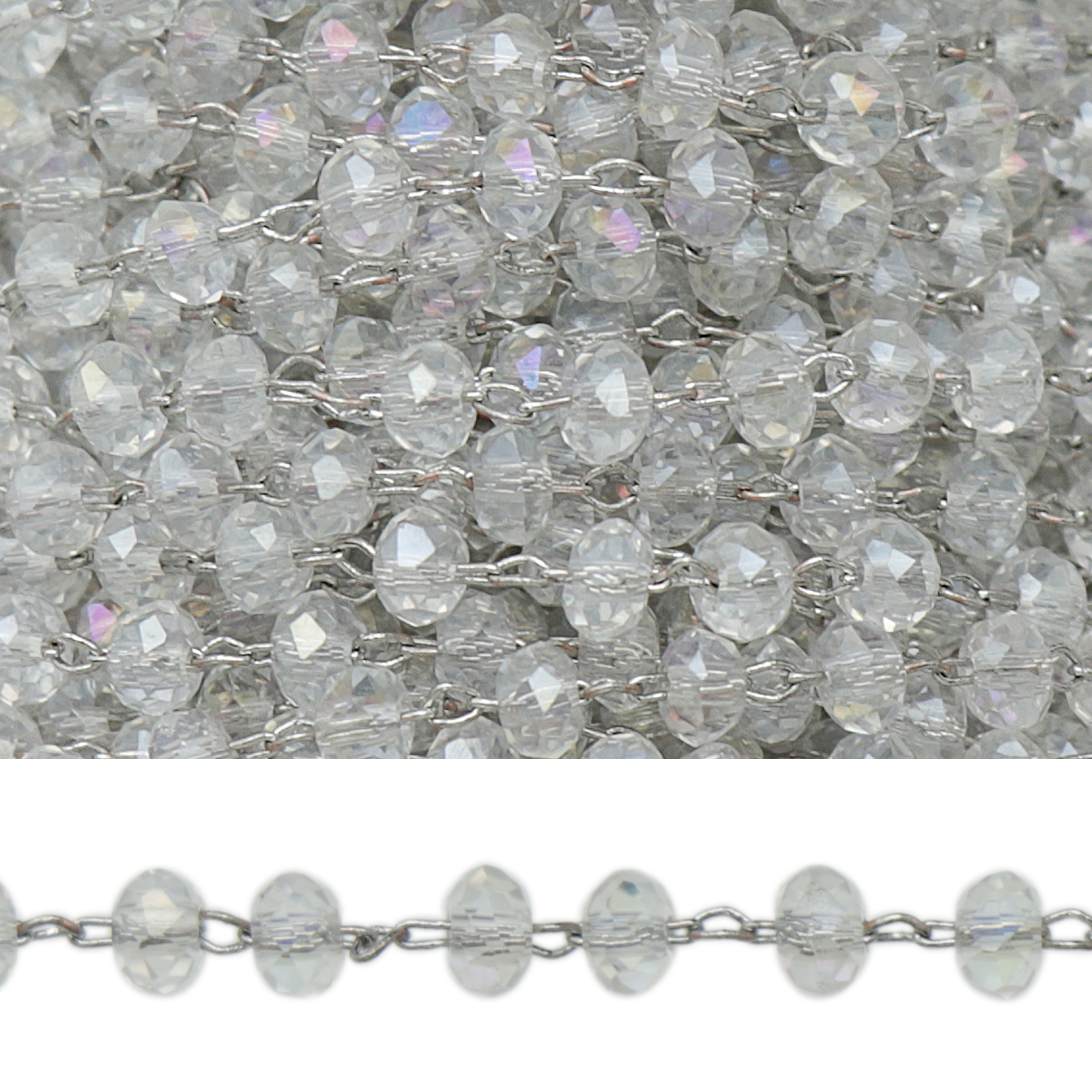 rosary chain rhodium silver plated crystal ab mini roundelle 6x4mm | 50cm