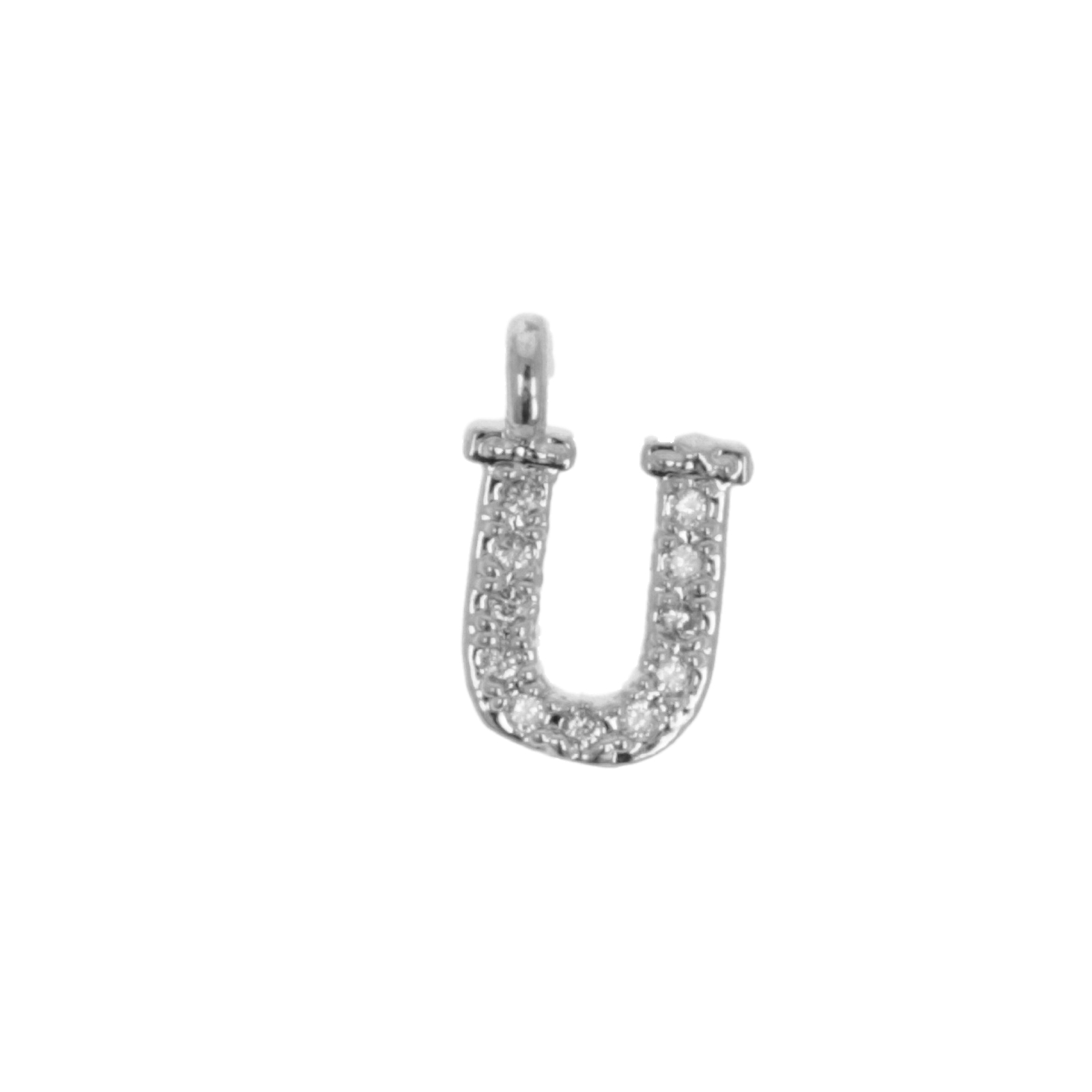 rhodium silver plated metal cz charm - alphabet letter u 10mm | 1pc