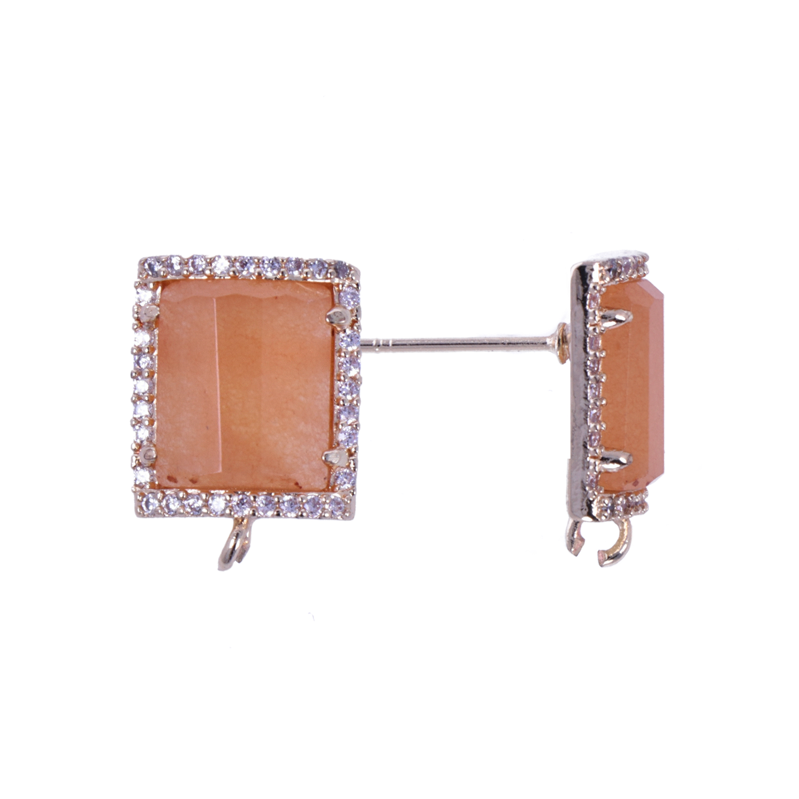 precious earrings - orange dyed jade rectangle 14x12mm cubic zirconia gold plated post earring | 2pc