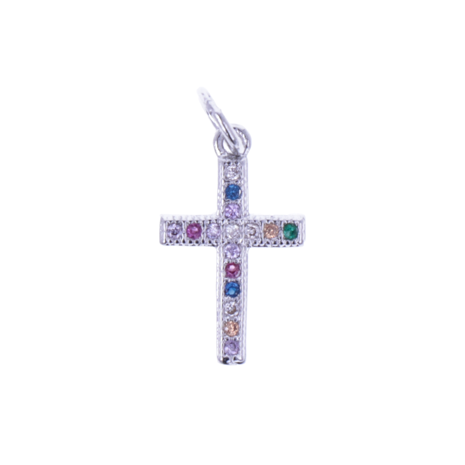 rhodium silver plated metal cz charm - cross colorful zircon 17mm | 1pc