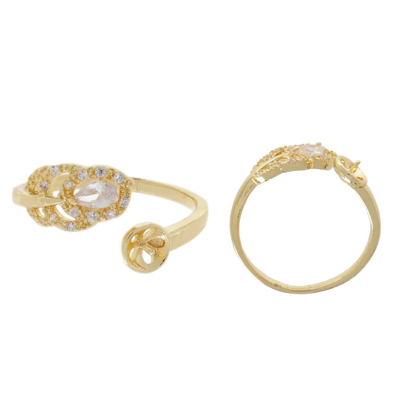 adjustable gold plated ring with cz half-drilled pearl 8mm | 1pc
