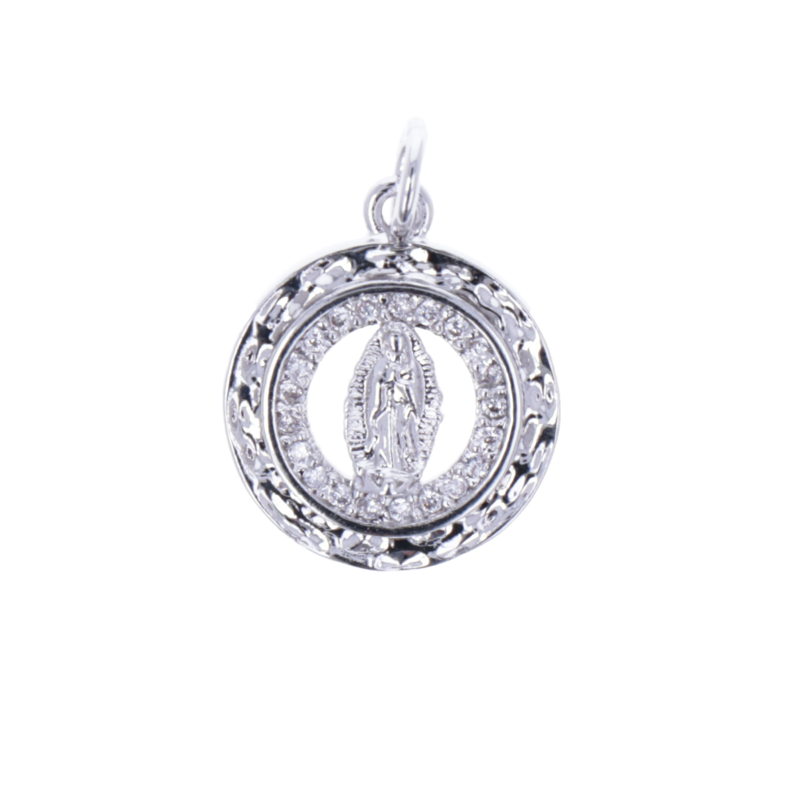 pendant metal cz rhodium silver plated sacred image round 14mm | 1pc