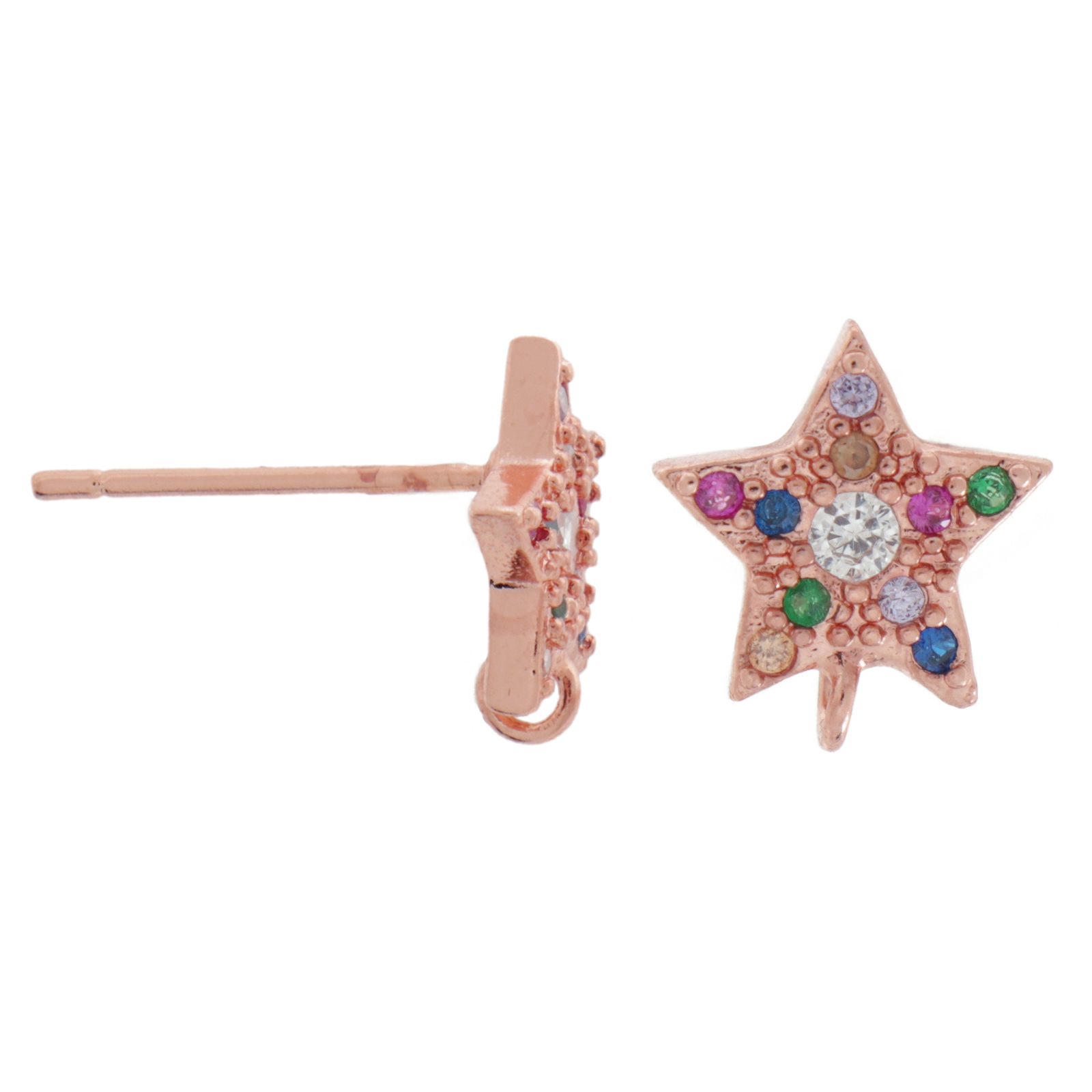 rose gold plated metal cz post earrings multicolor star 9mm | 2pc