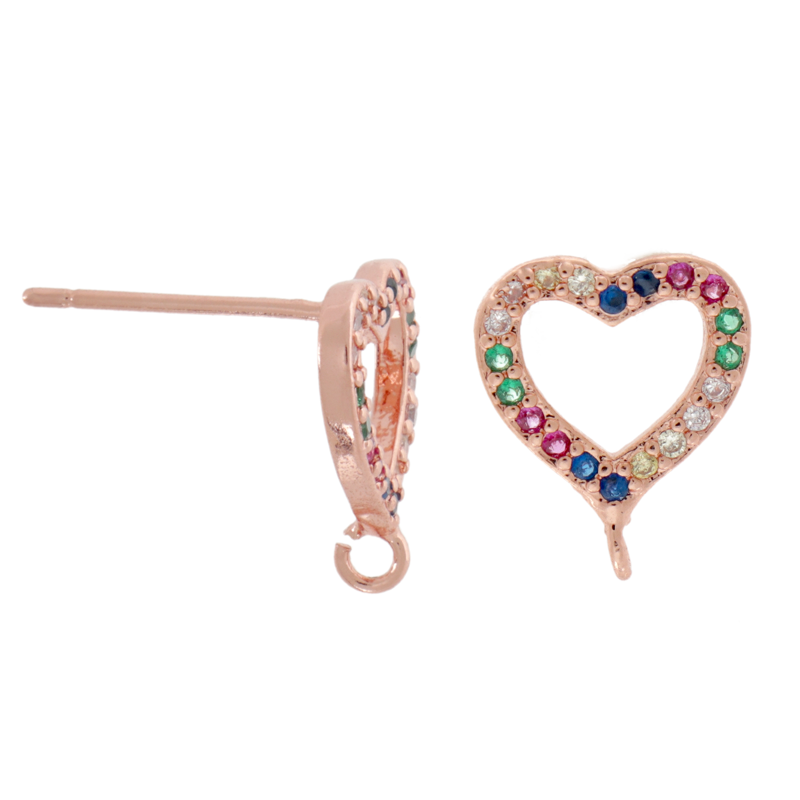 rose gold plated metal cz post earrings multicolor heart 10x8mm | 2pc