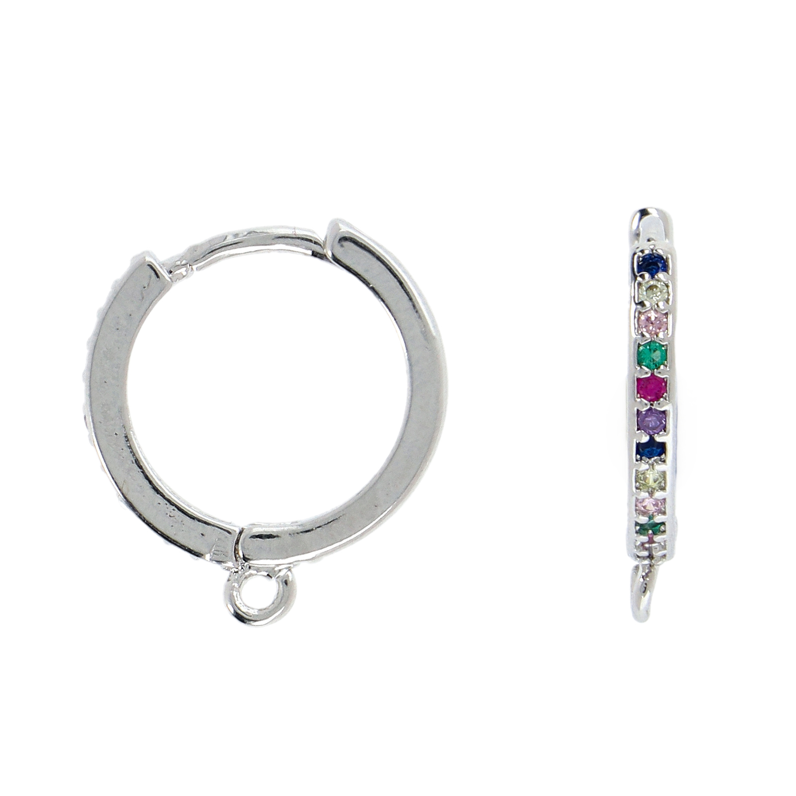 silver rhodium plated leverback hoop earring metal cz multicolor 15x2mm | 2pc