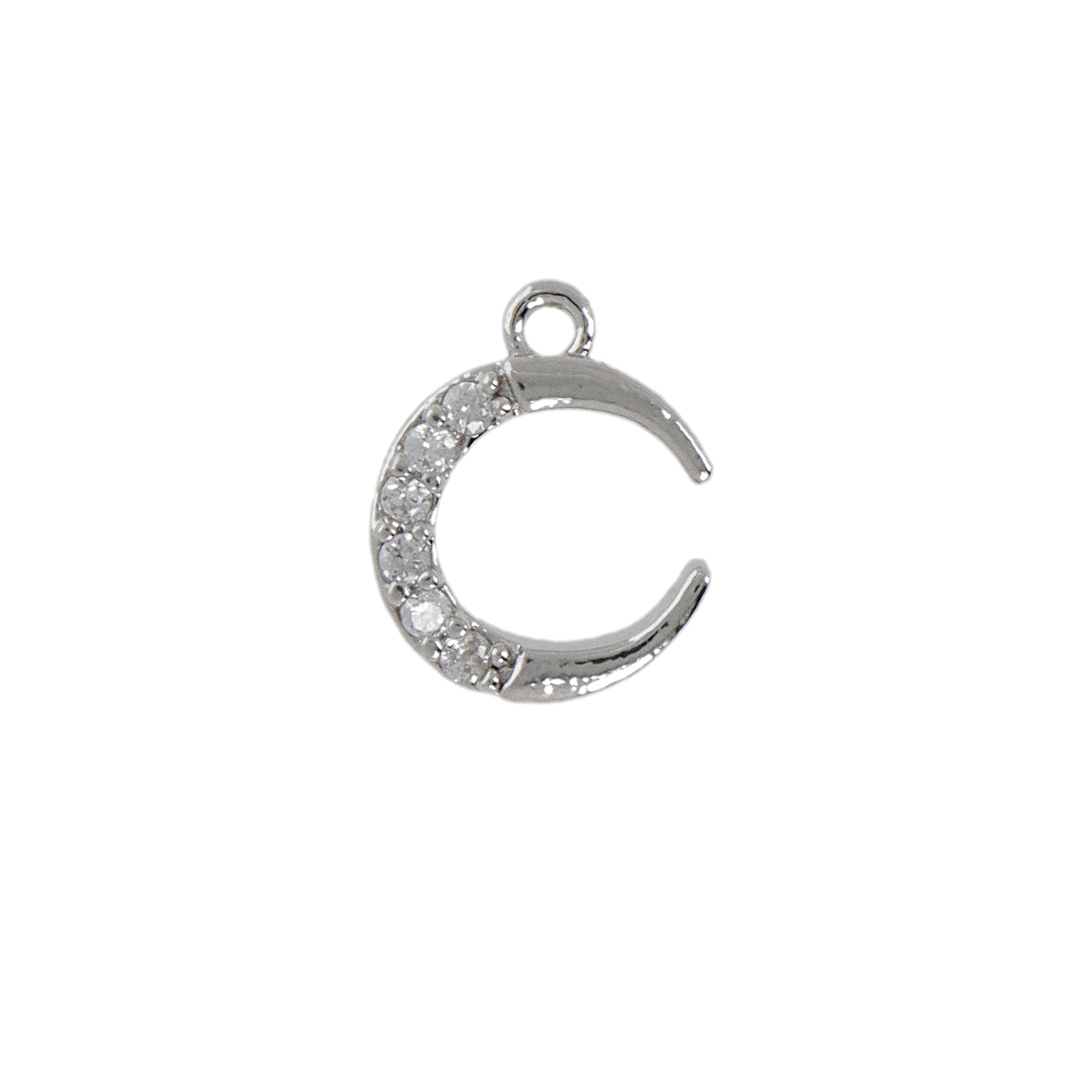 rhodium silver plated metal cz charm - moon 10mm | 2pc