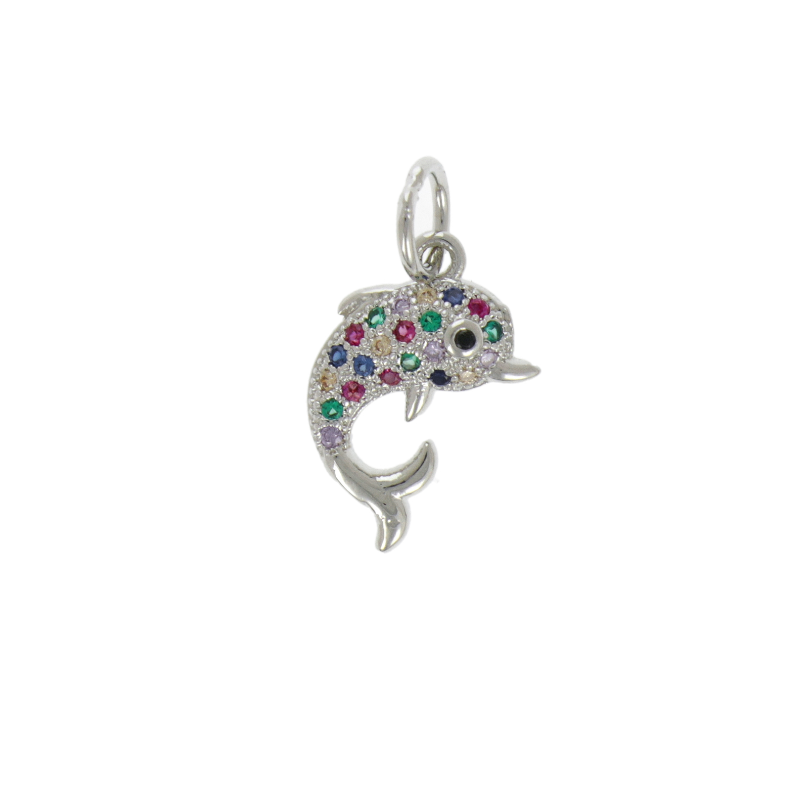 rhodium silver plated metal cz charm - dolphin multicolor zircon 12x10mm | 1pc