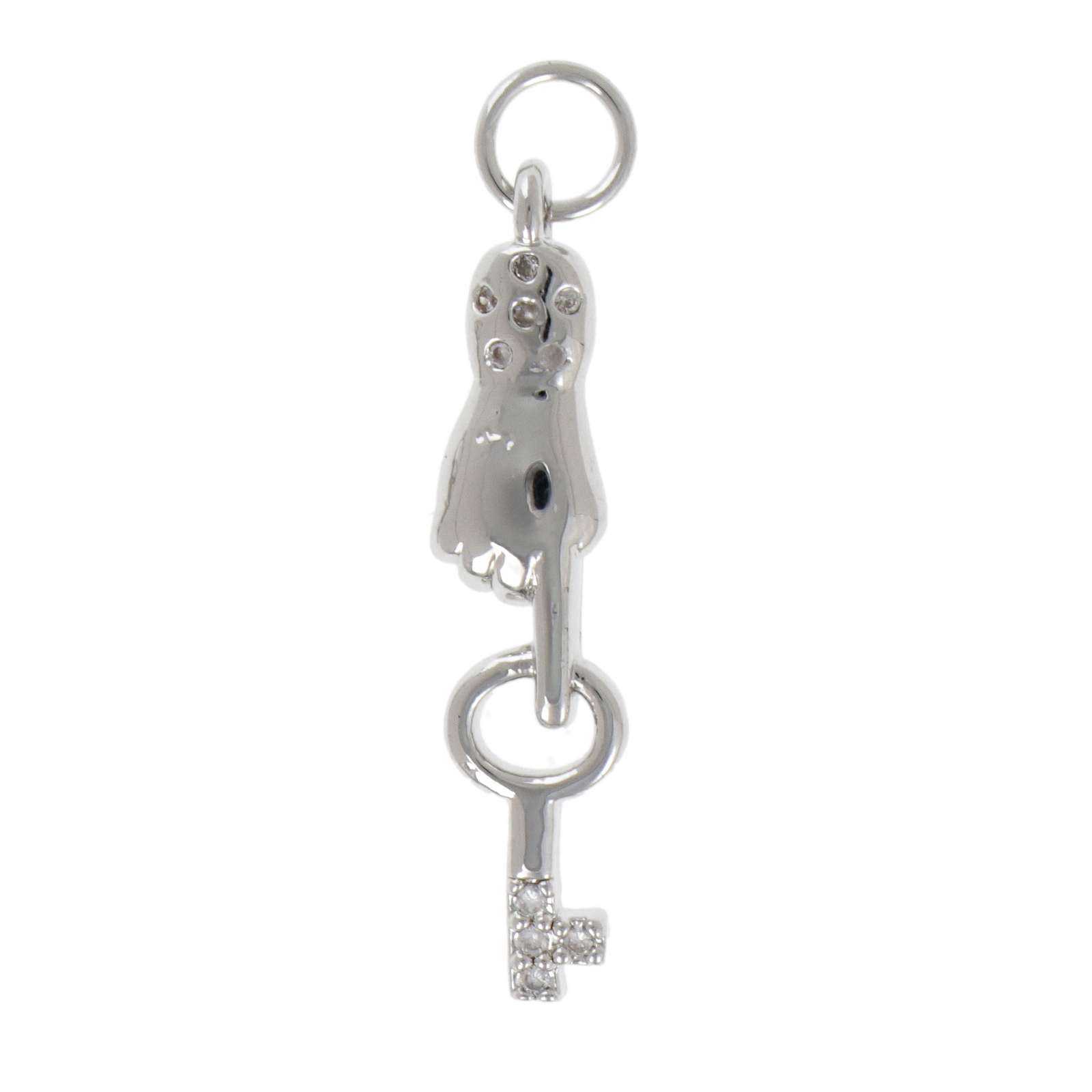 rhodium silver plated metal cz charm - hand and key 28x8mm | 1pc