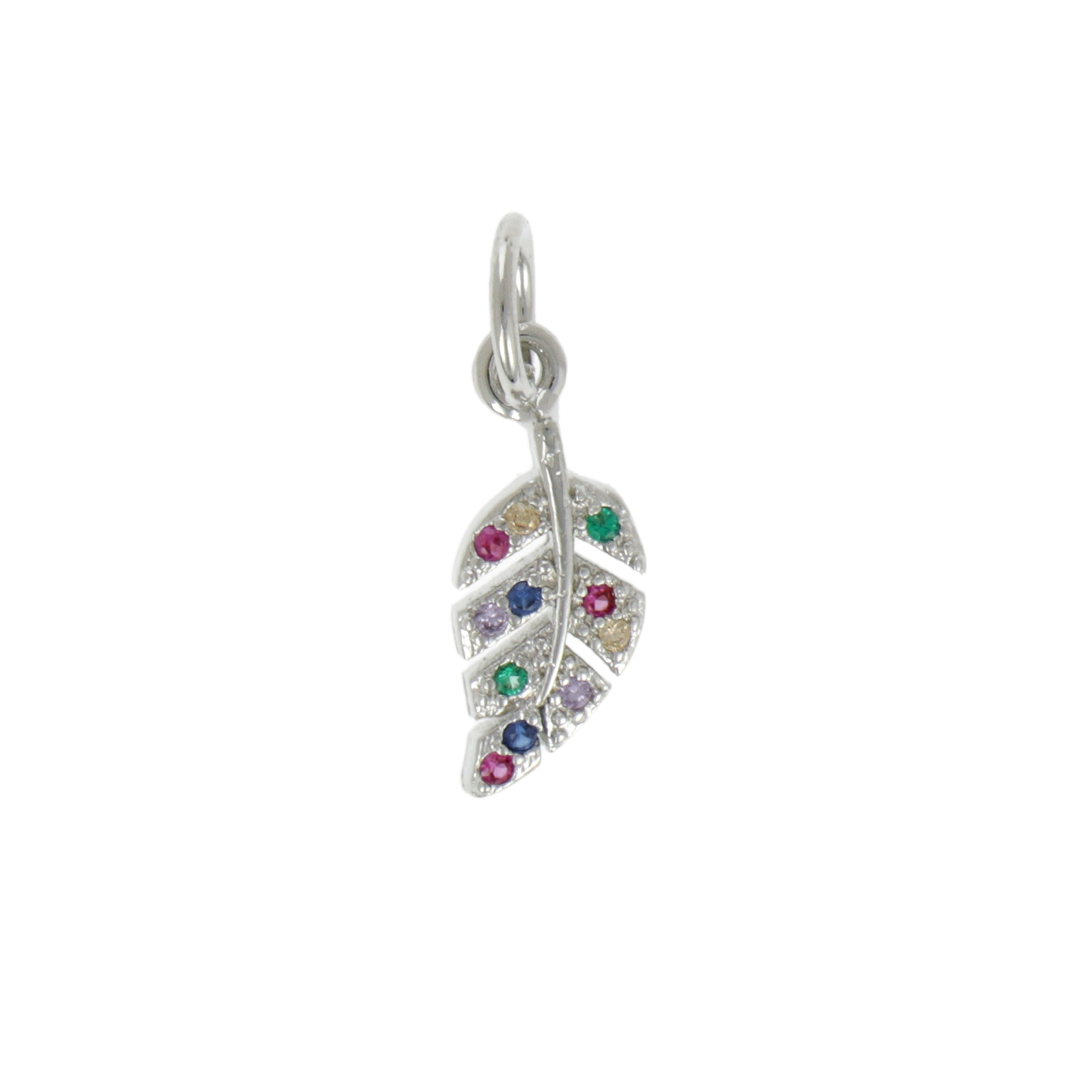 rhodium silver plated metal cz charm - feather multicolor zircon 15x10mm | 1pc