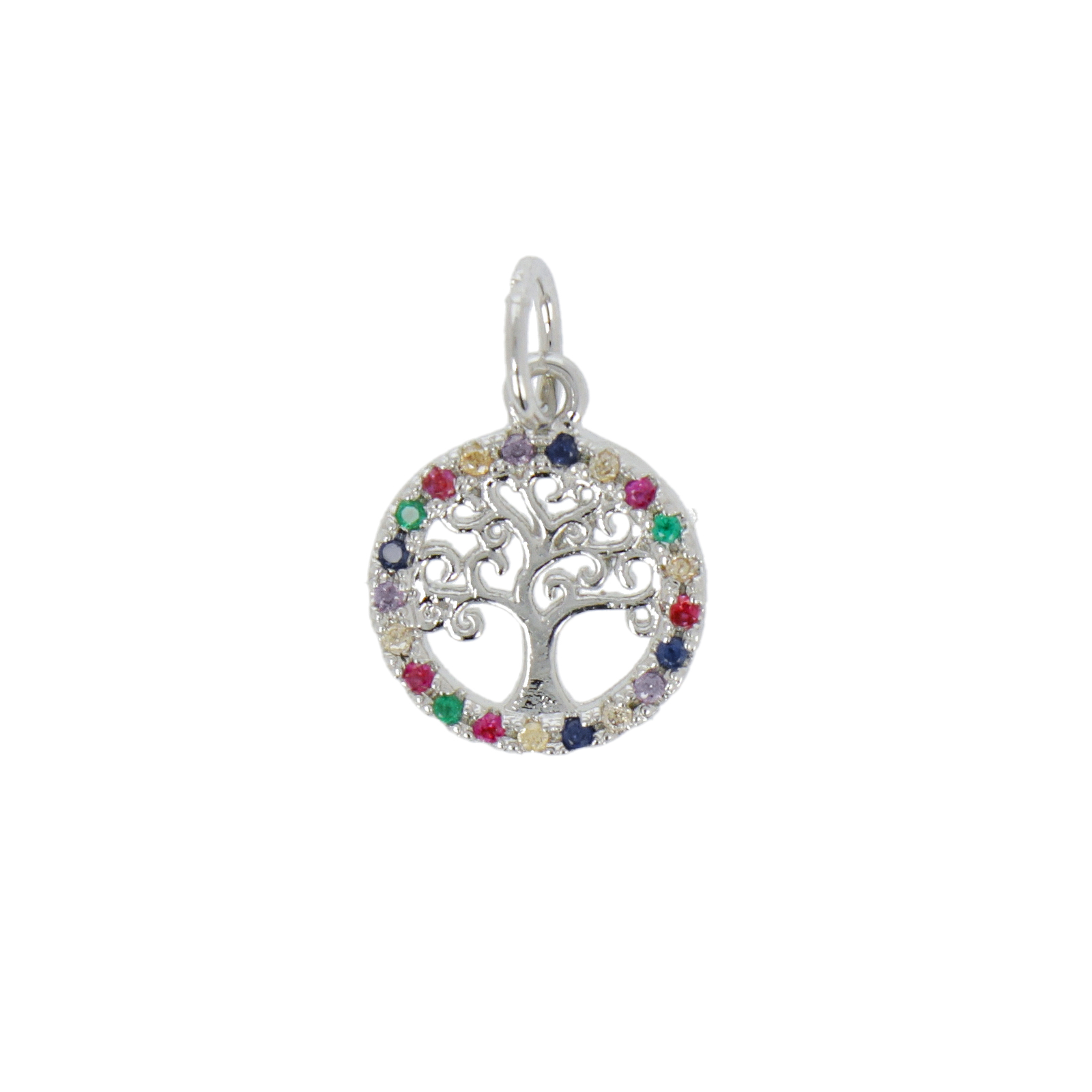 rhodium silver plated metal cz charm - tree of life colorful zircon 10mm | 1pc